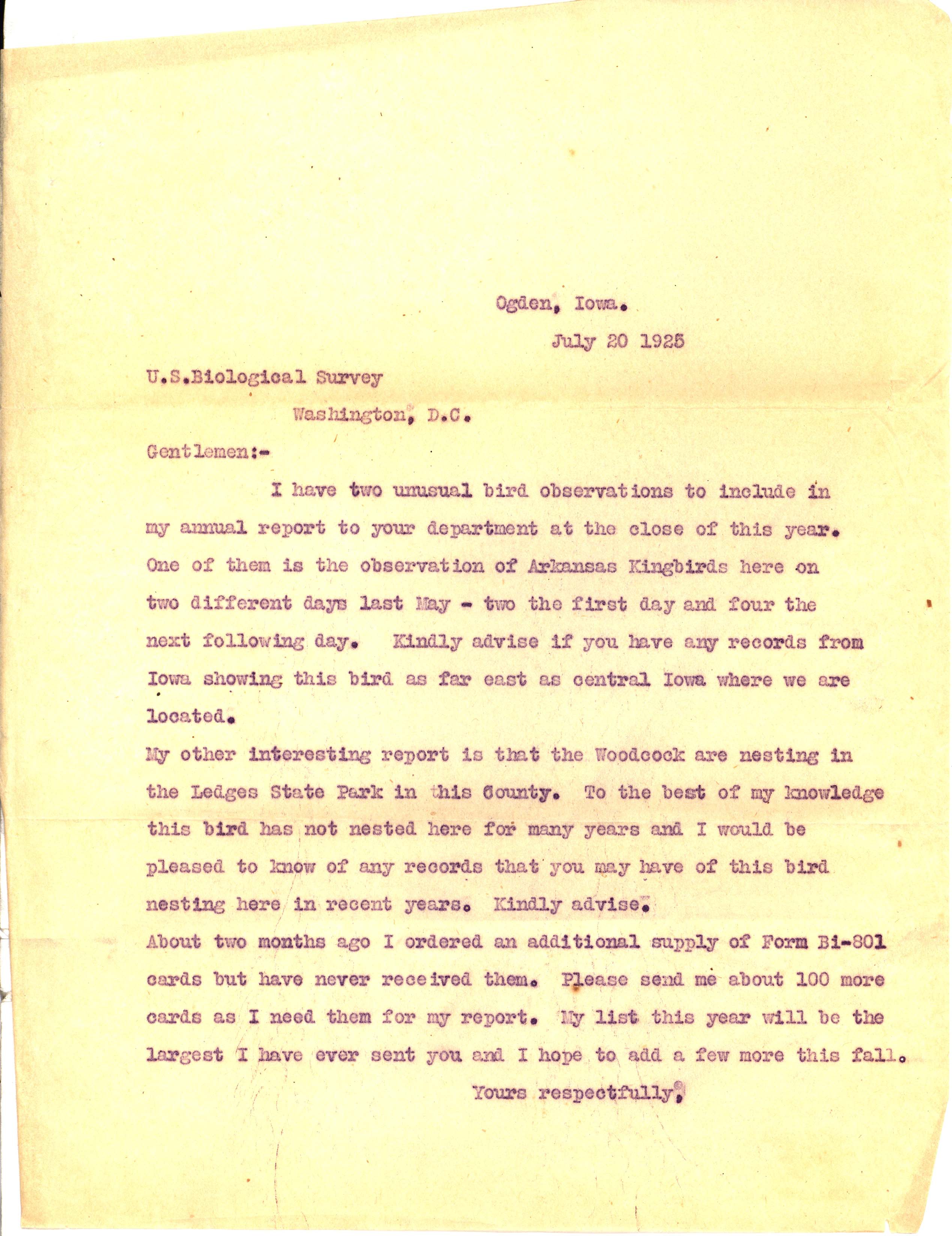 Walter Rosene letter to the United States Bureau of Biological Survey regarding Arkansas Kingbird and American Woodcock sightings, July 20, 1925