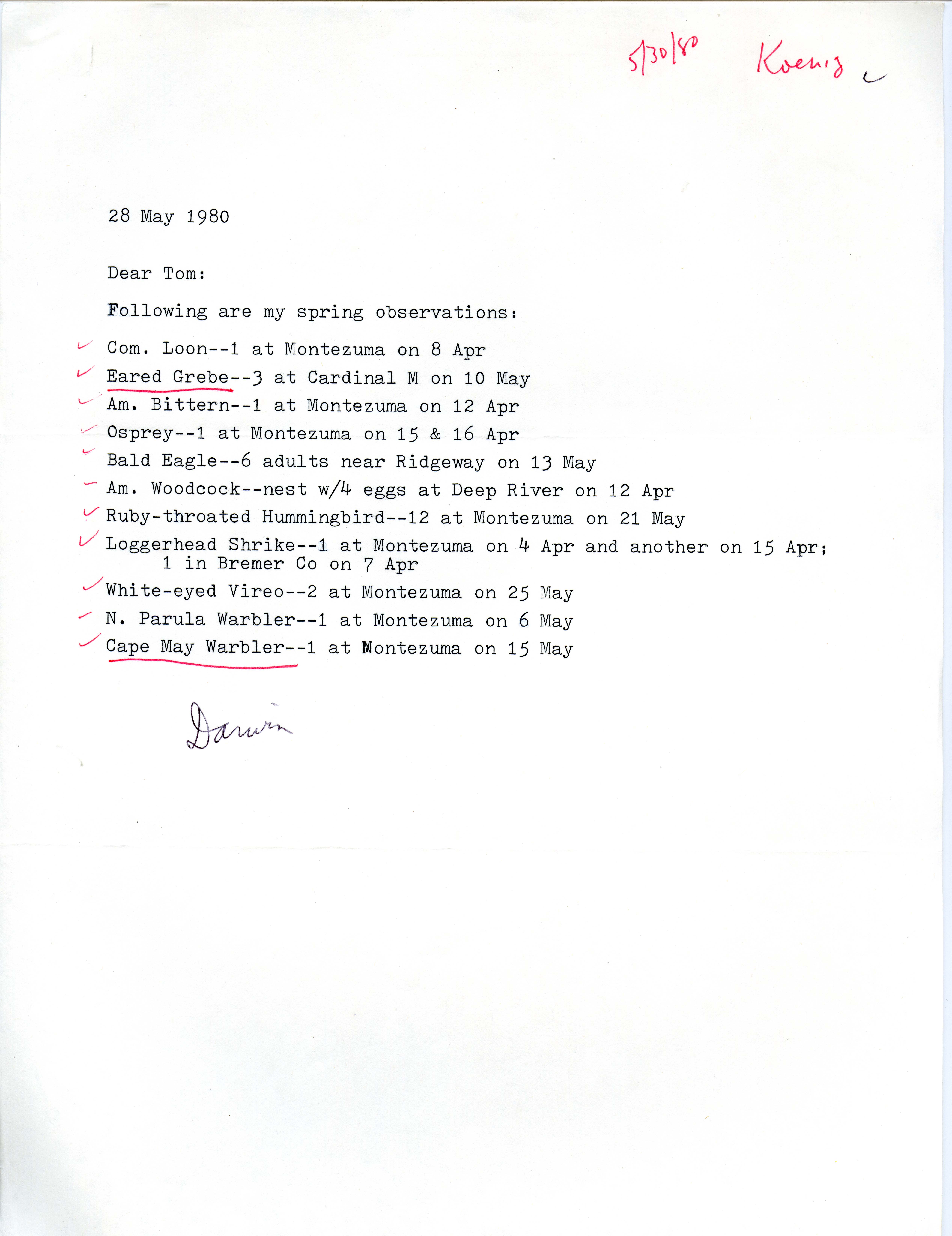 Darwin Koenig letter to Thomas H. Kent regarding bird sightings, May 28, 1980