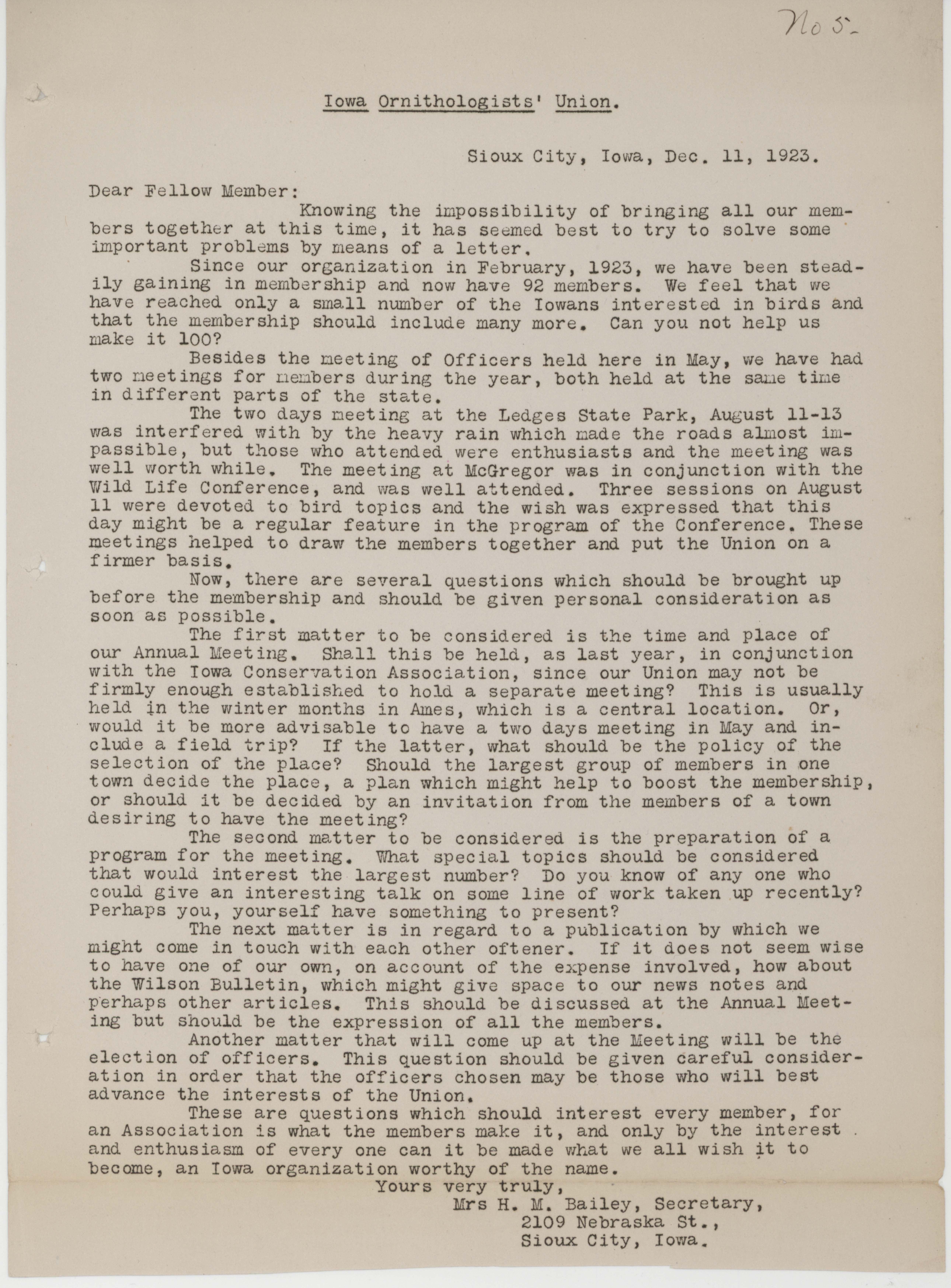 Letter to members of the Iowa Ornithologists' Union regarding the annual meeting, December 11, 1923