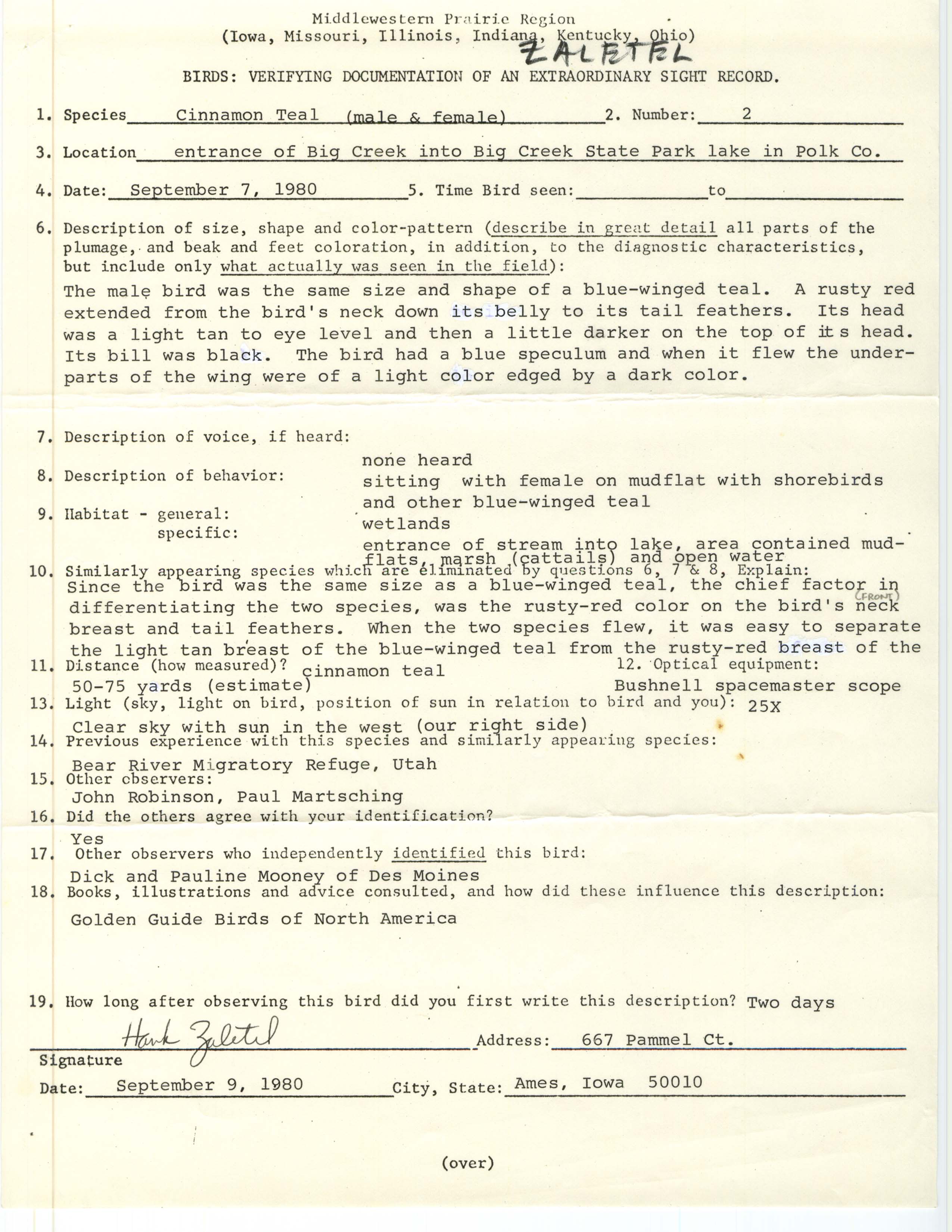 Rare bird documentation form for Cinnamon Teal at Big Creek State Park, 1980