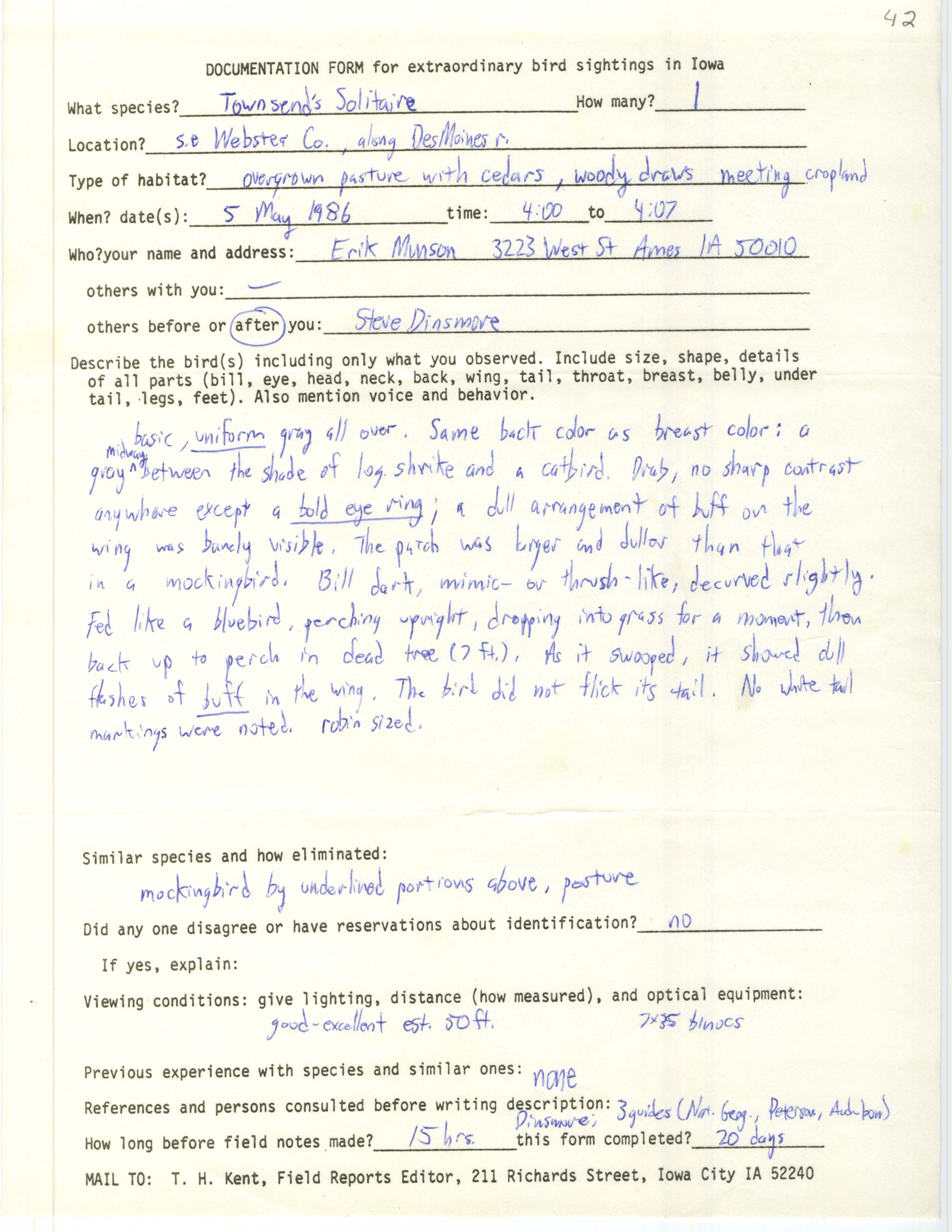 Rare bird documentation form for Townsend's Solitaire at southeastern Webster County, 1986