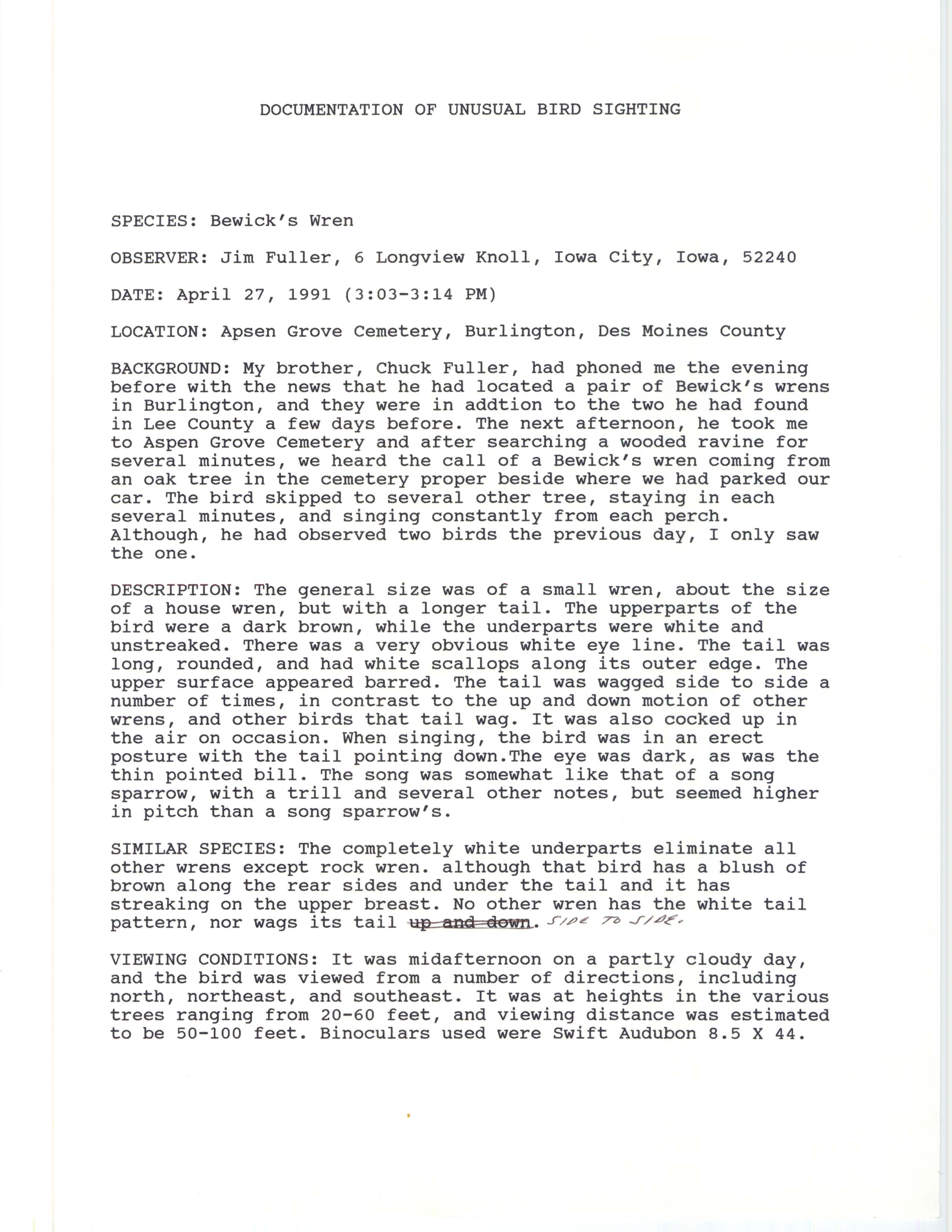 Rare bird documentation form for Bewick's Wren at Aspen Grove Cemetery in Burlington, 1991