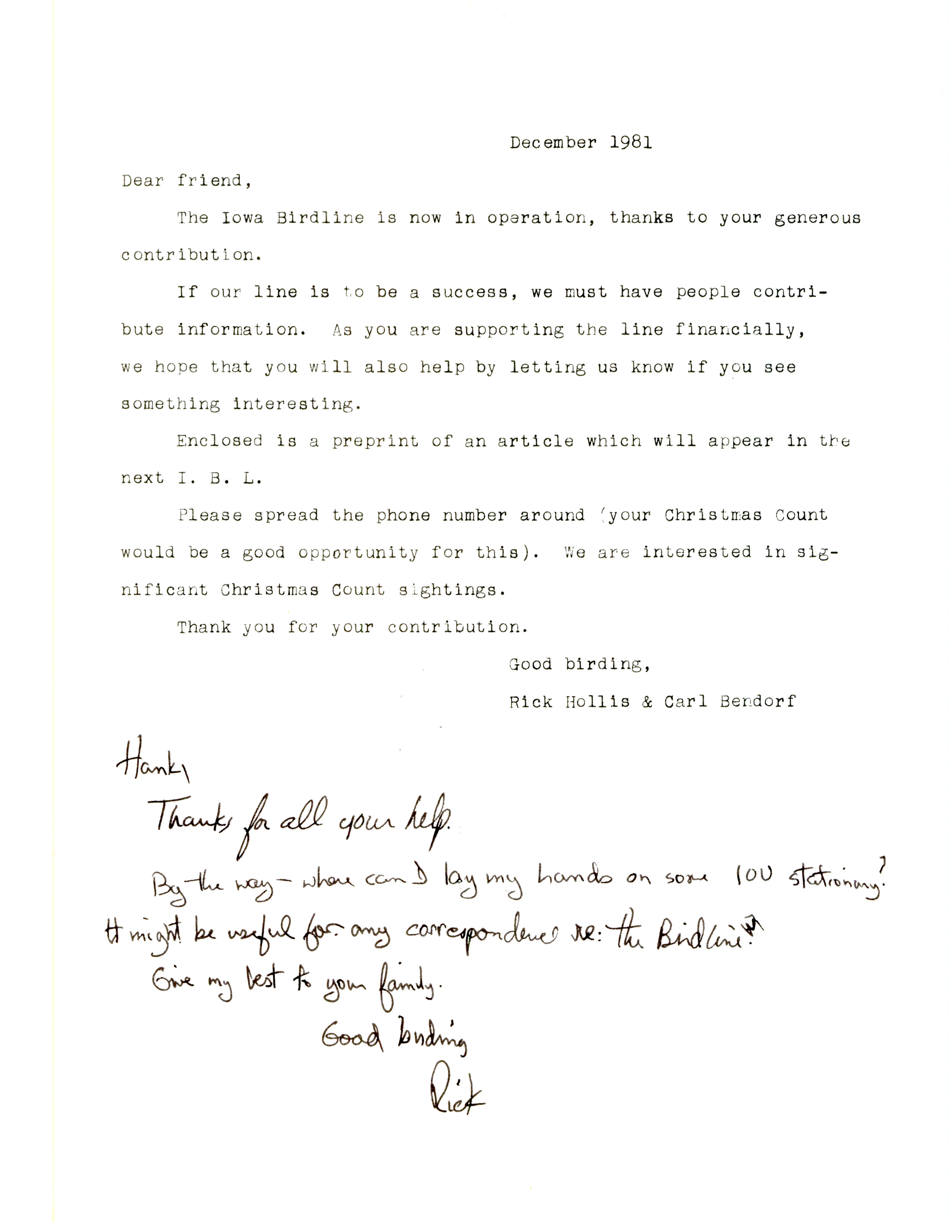 Letter to members of the Iowa Ornithologists' Union announcing the Iowa Birdline is now in operation, December 1981