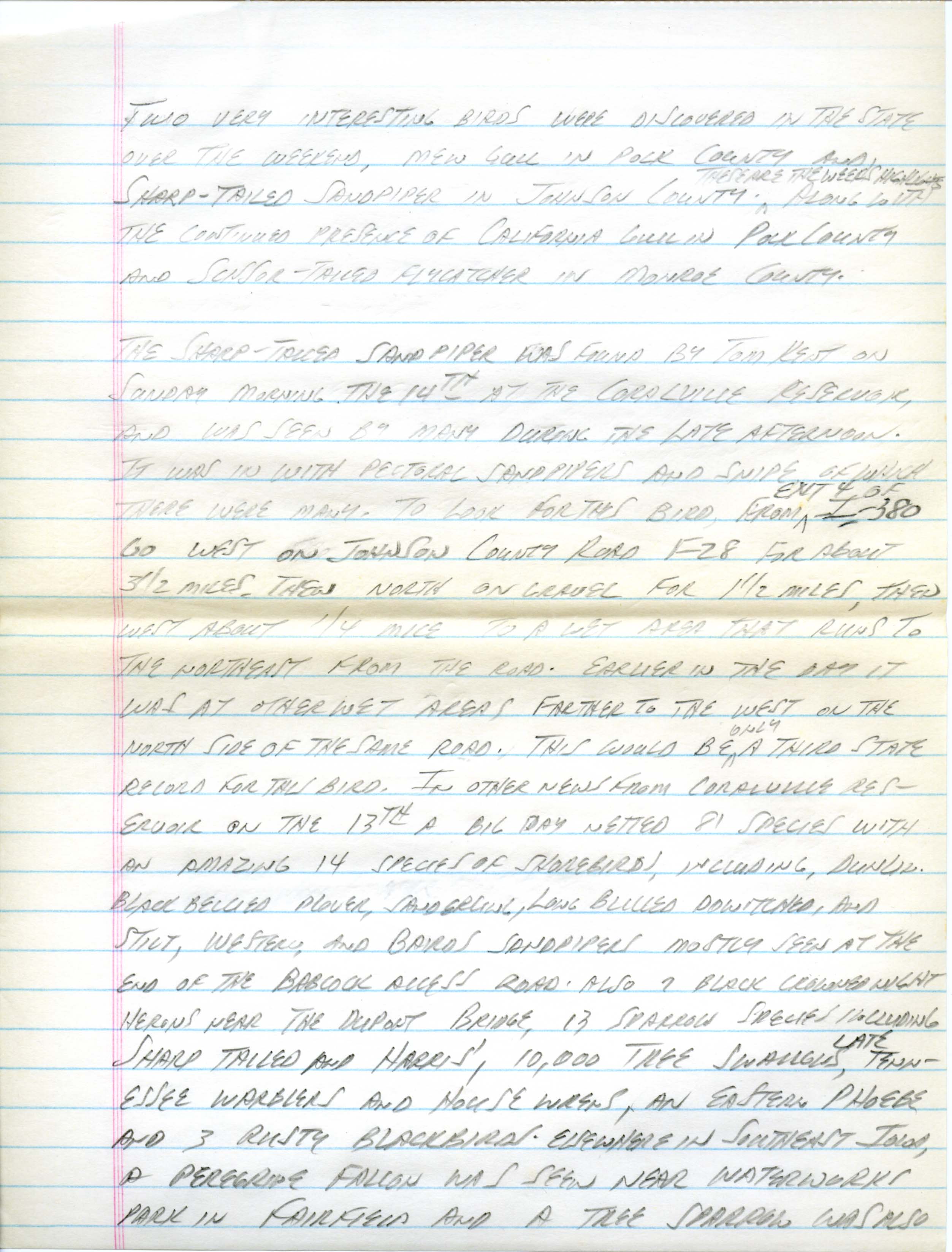 Iowa Birdline update, October 15, 1990, notes