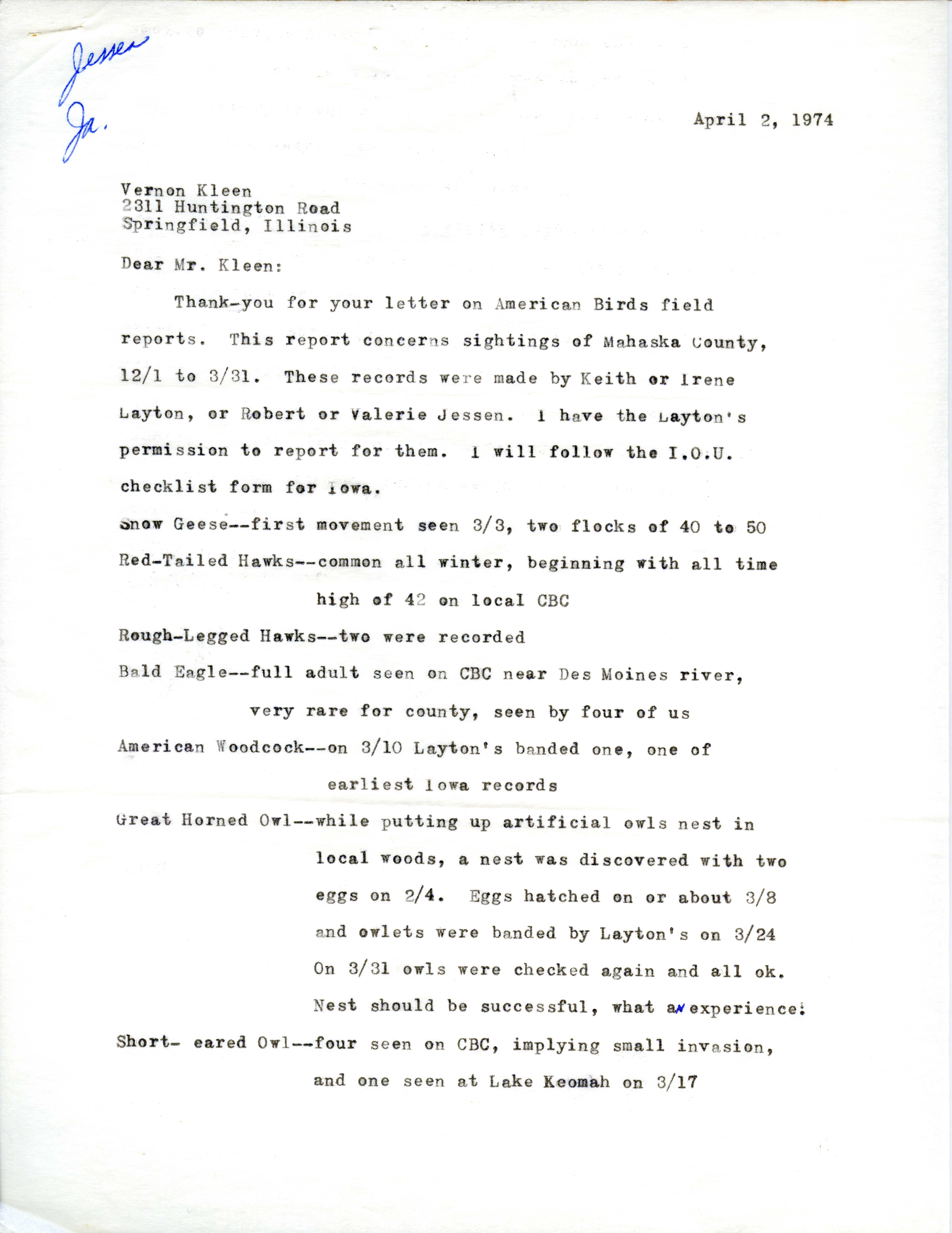 Robert Jessen letter to Vernon M. Kleen regarding birds sighted in Mahaska County during winter, April 2, 1974