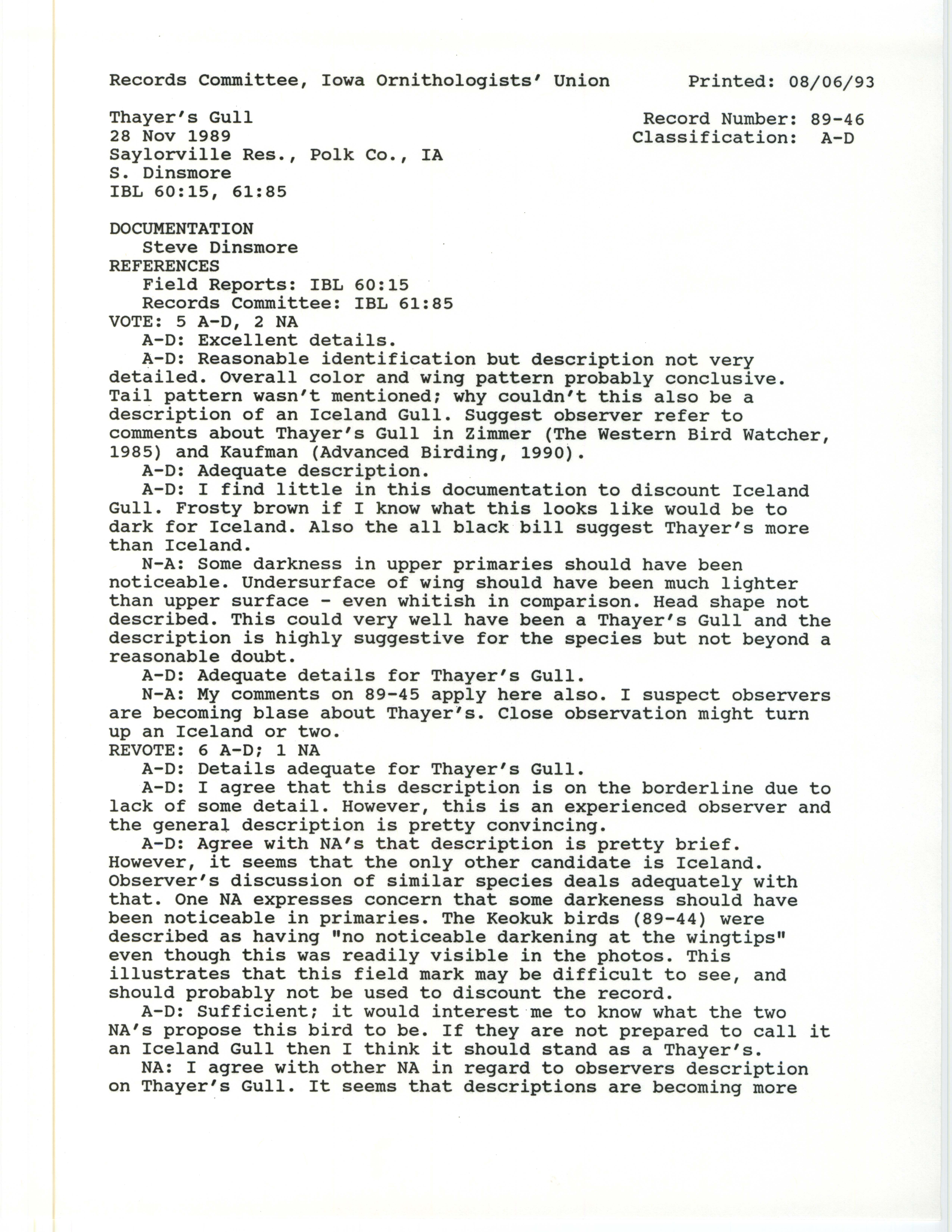 Records Committee review for rare bird sighting of Thayer's Gull at Saylorville Dam, 1989