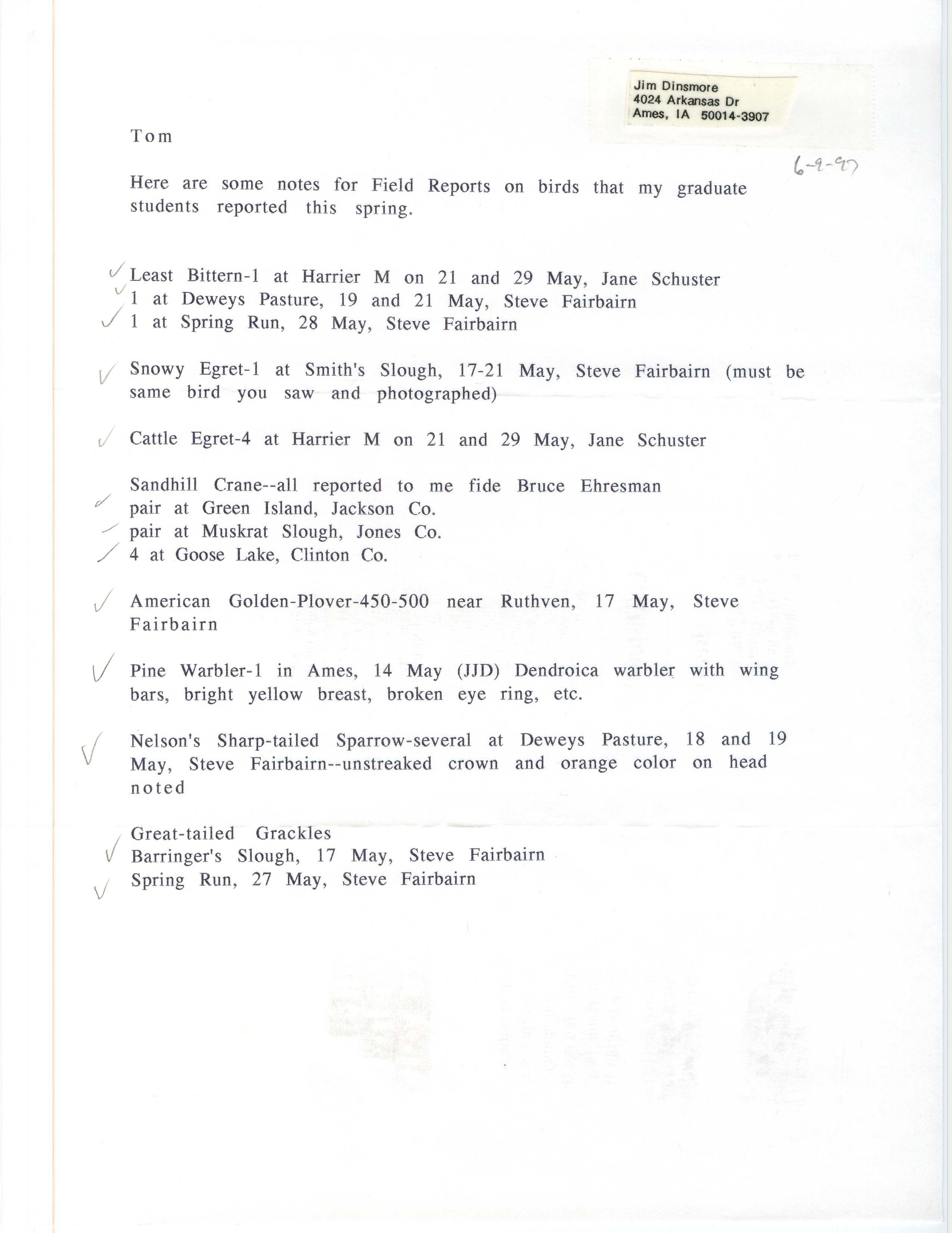 James J. Dinsmore letter to Thomas H. Kent regarding bird sightings, spring 1997