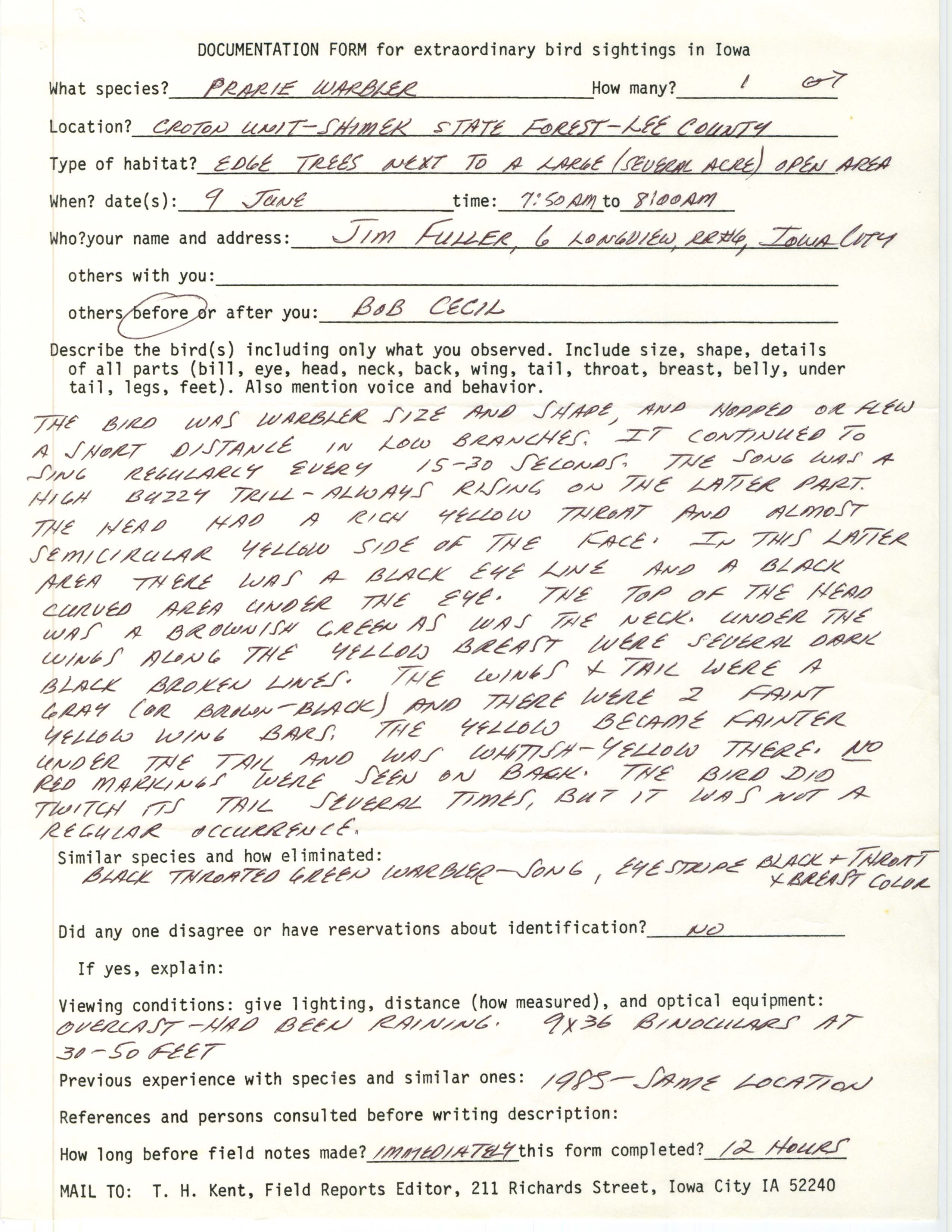 Rare bird documentation form for Prairie Warbler at the Croton Unit in Shimek State Forest, 1986