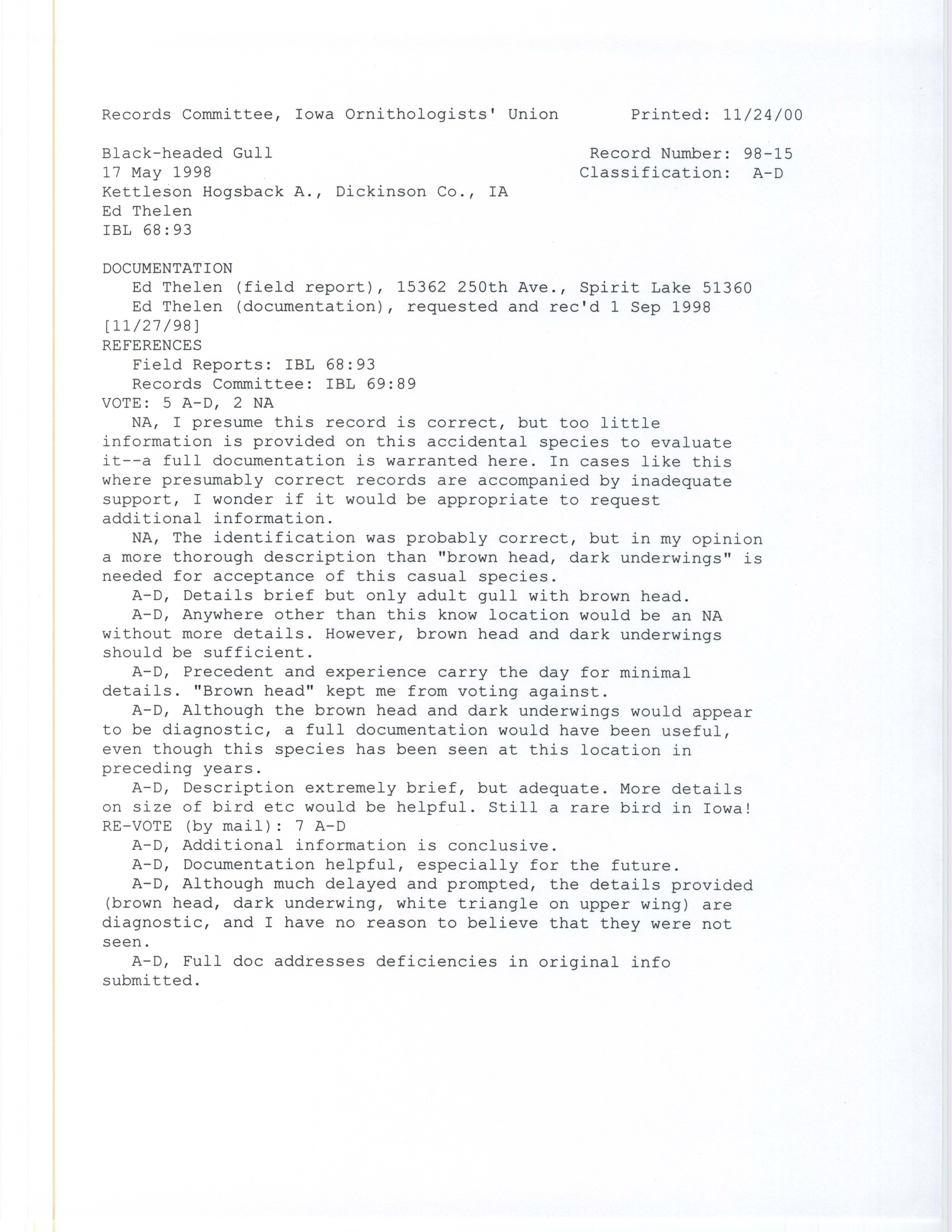 Records Committee review for rare bird sighting of Black-headed Gull at Kettleson Hogsback Area, 1998