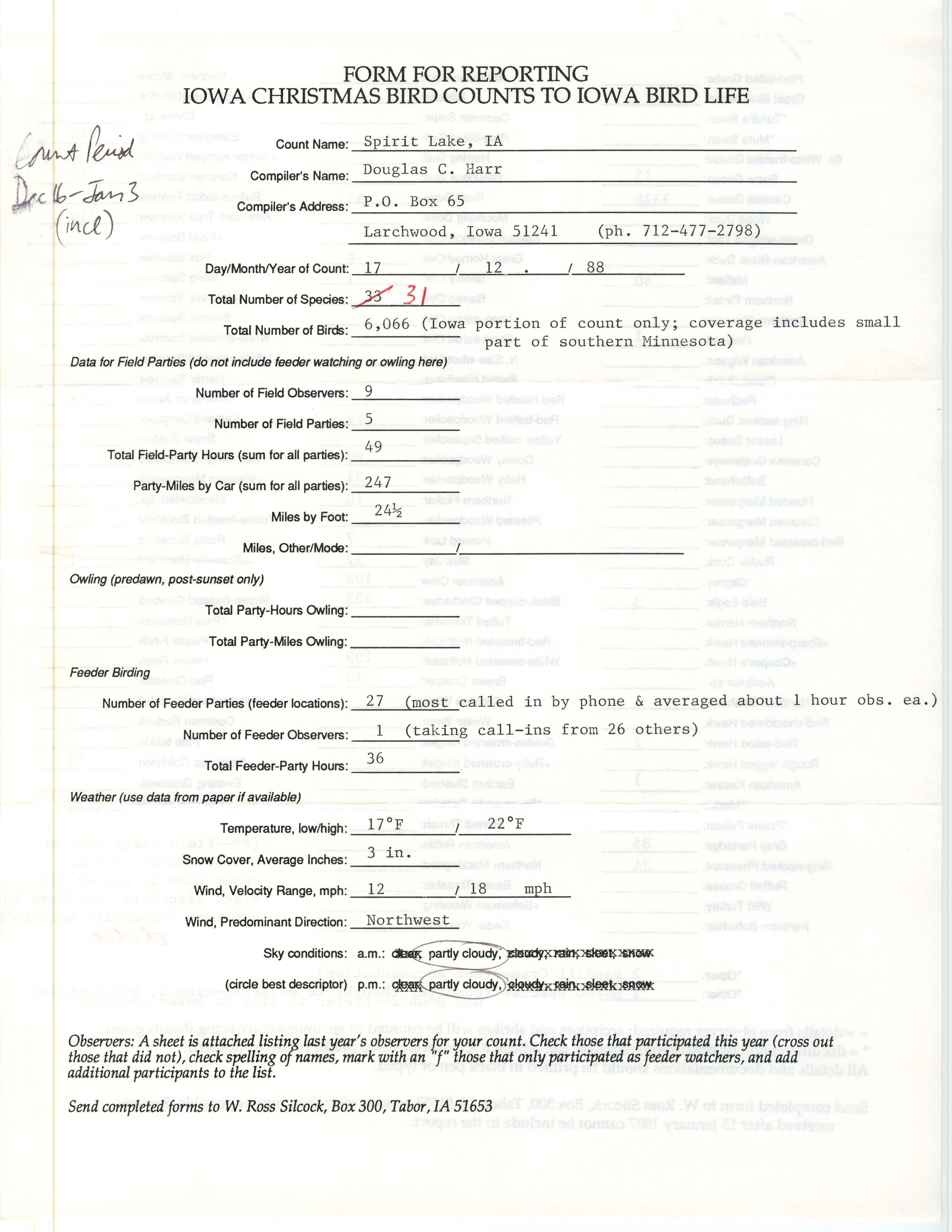 Form for reporting Iowa Christmas bird counts to Iowa Bird Life, Douglas C. Harr, December 17, 1988