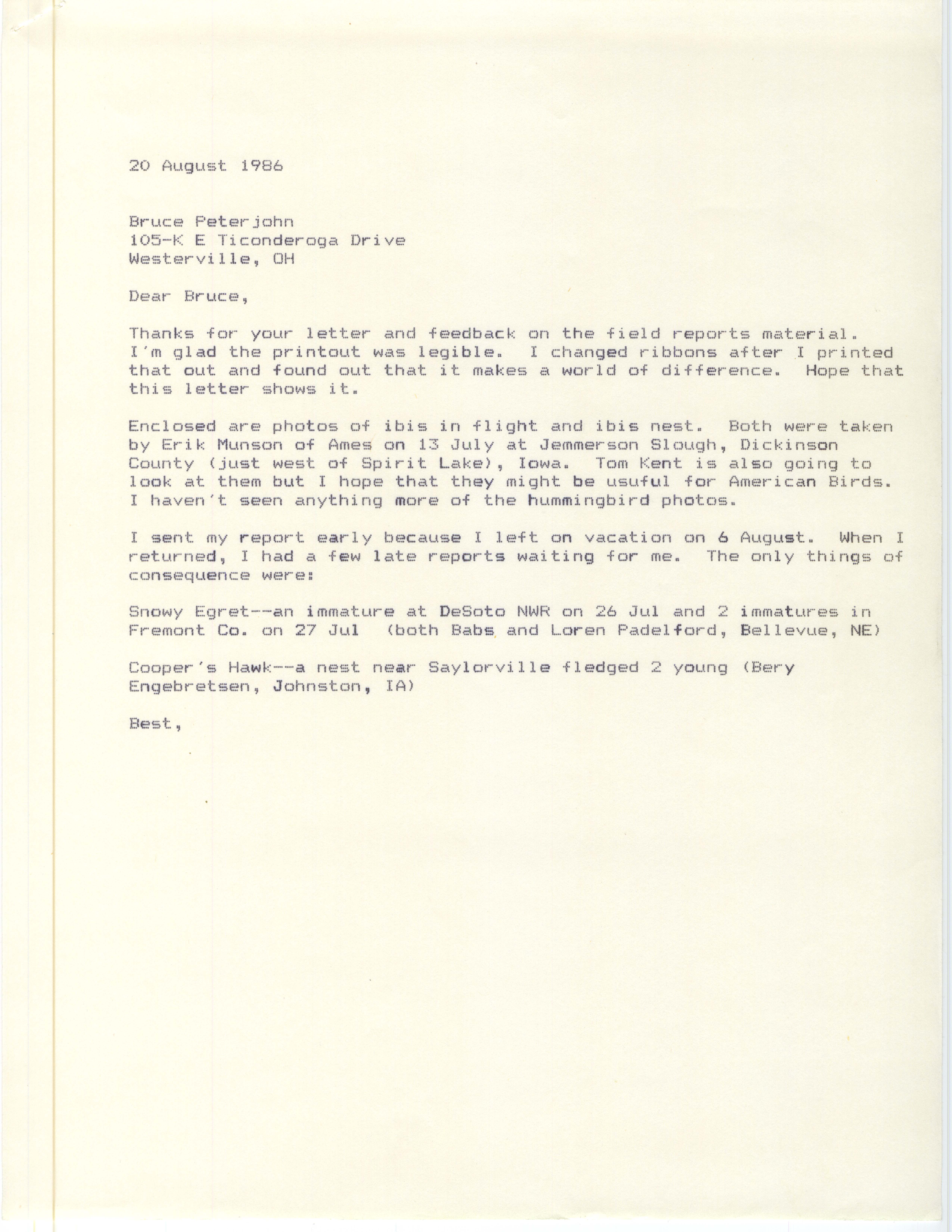 James J. Dinsmore letter to Bruce G. Peterjohn regarding bird sightings, August 20 1986 