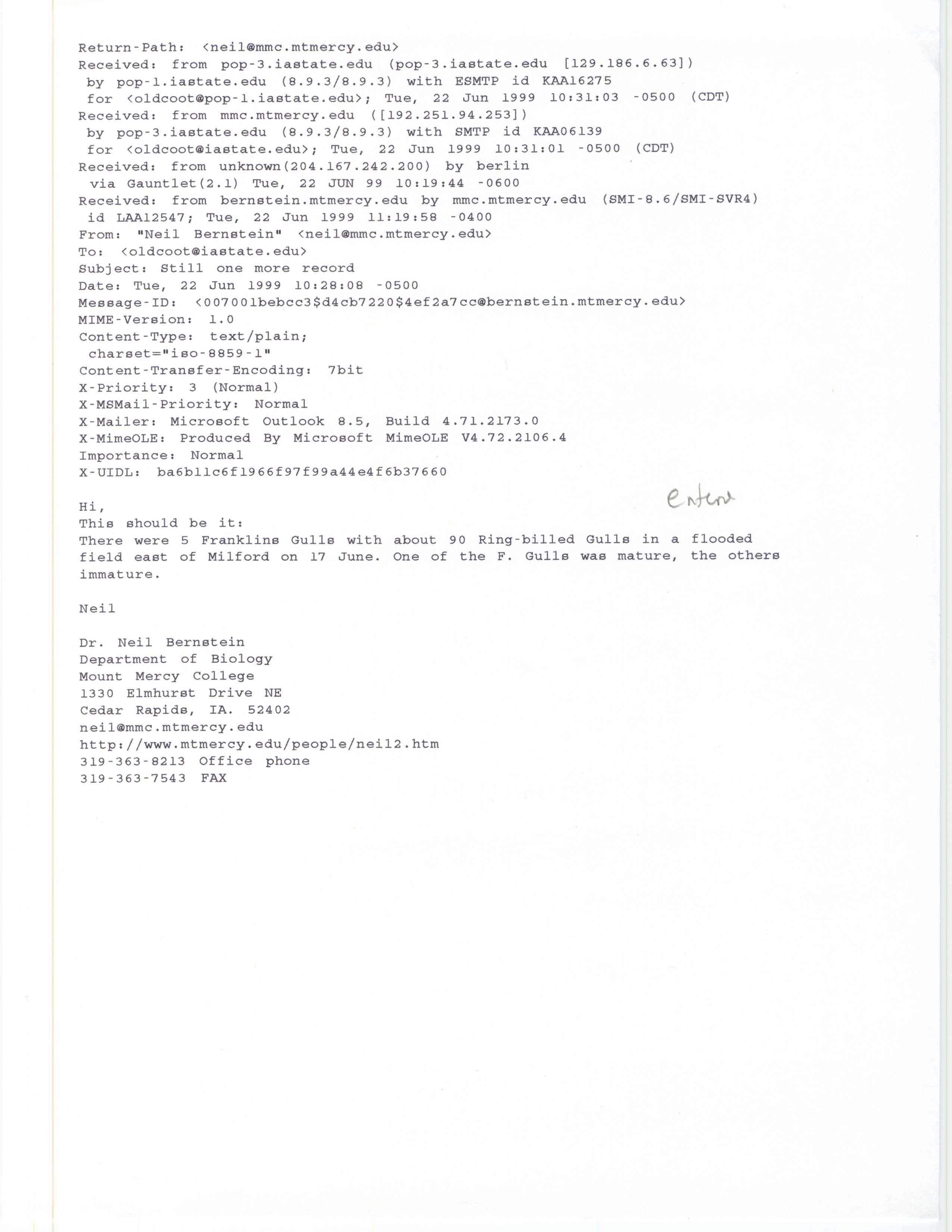 Neil Bernstein email to Jim Dinsmore regarding Franklin's Gulls, June 22, 1999