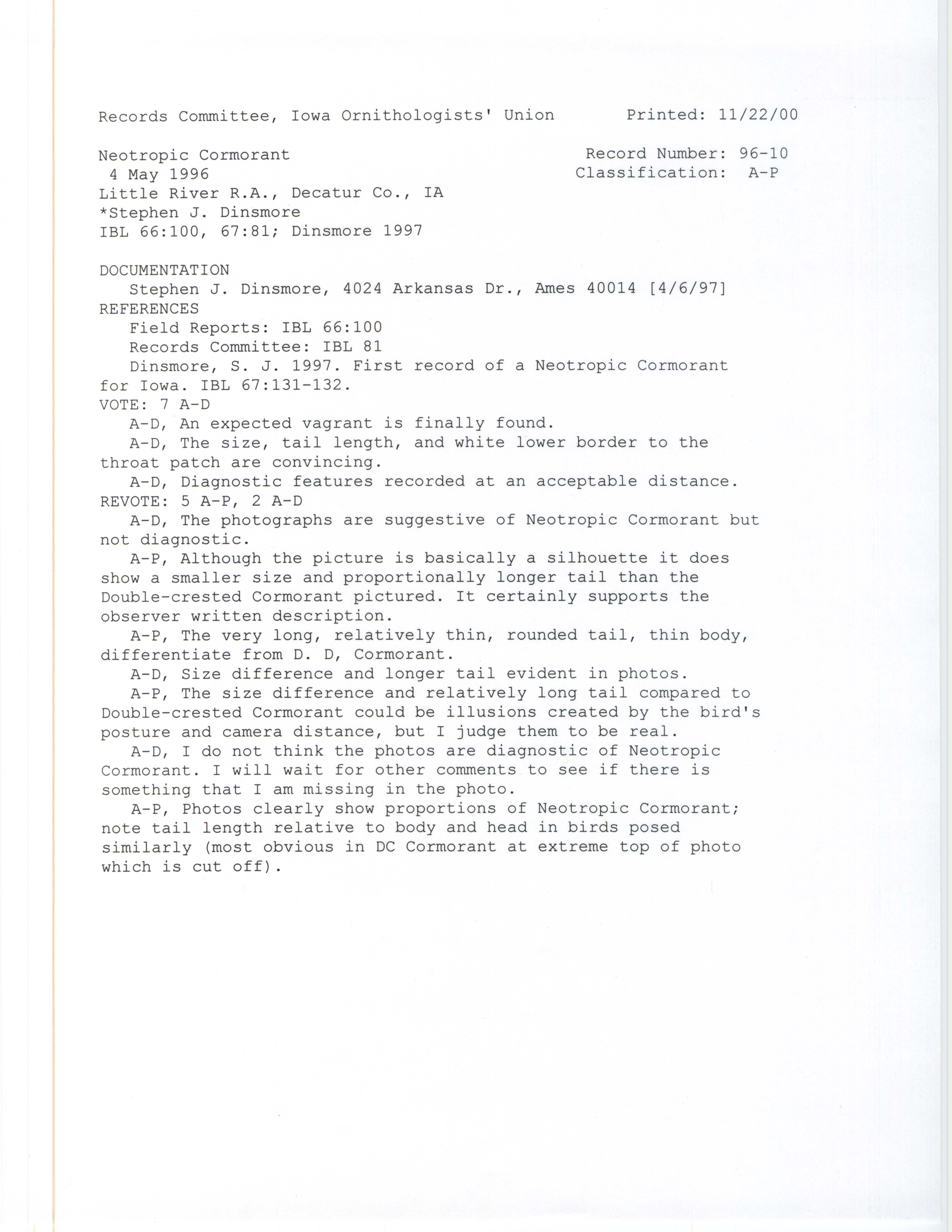 Records Committee review for rare bird sighting of Neotropic Cormorant at Little River Recreation Area, 1996