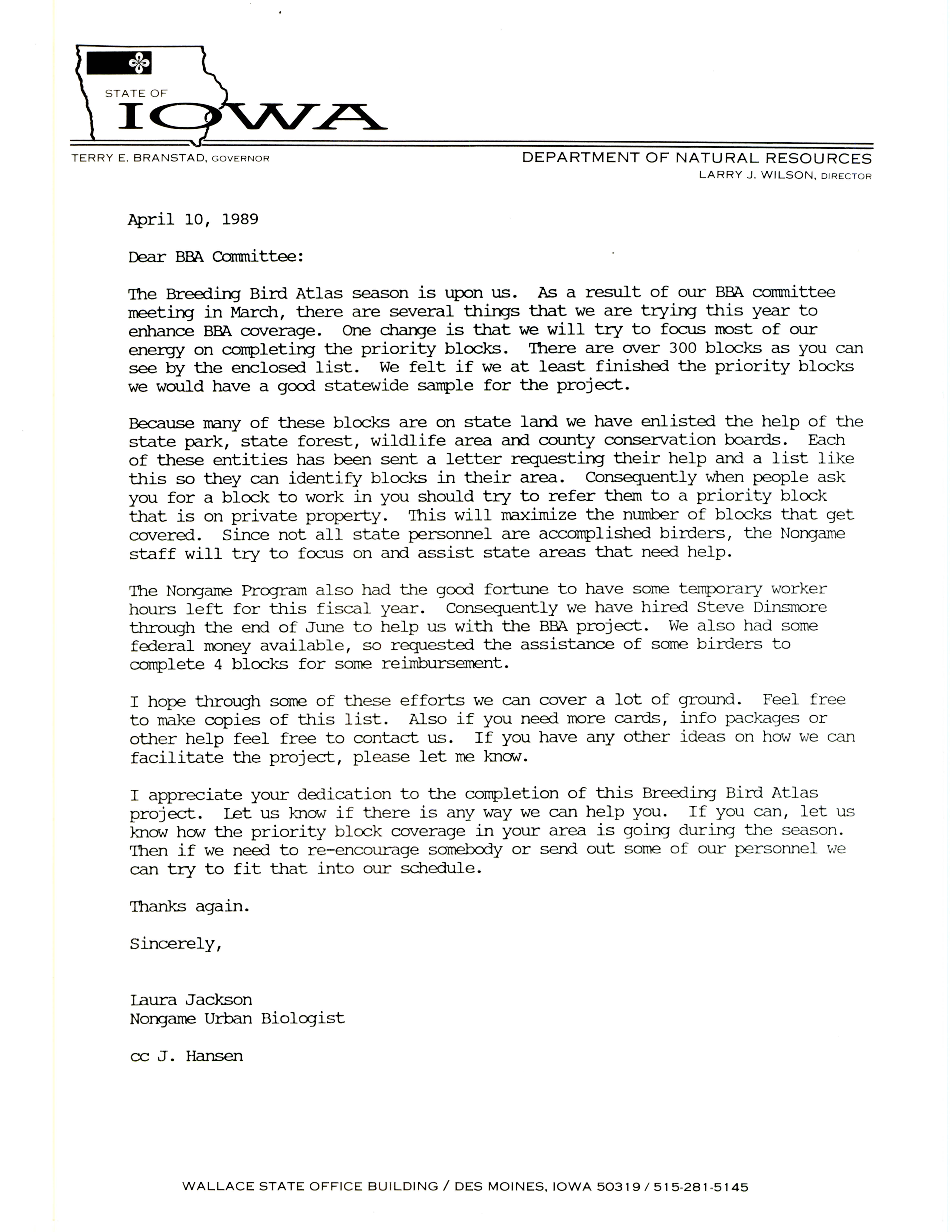 Laura Spess Jackson letter to the Breeding Bird Atlas Committee regarding priority block coverage, April 10, 1989