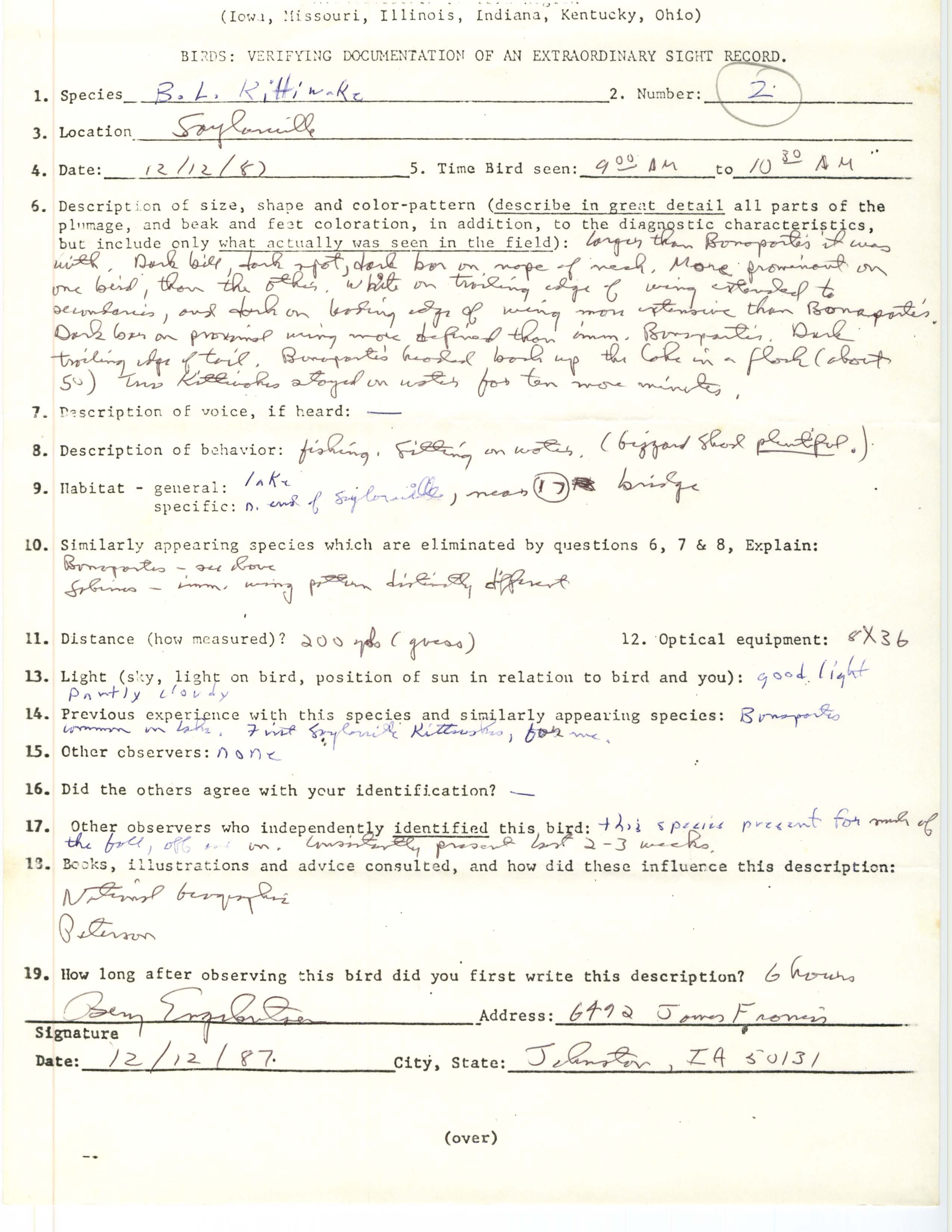 Rare bird documentation form for Black-legged Kittiwake at Saylorville, 1987