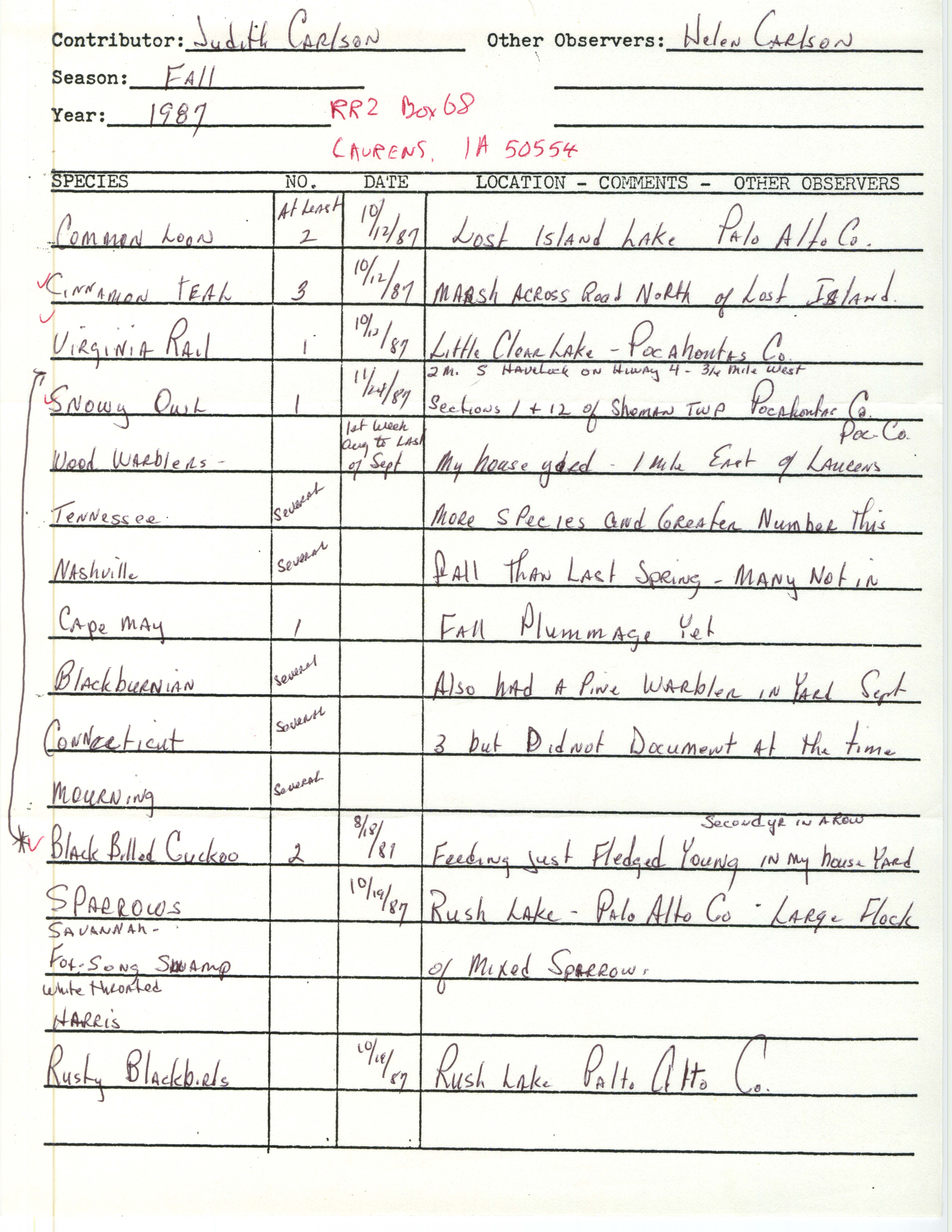 Field notes contributed by Judith Carlson, fall 1987