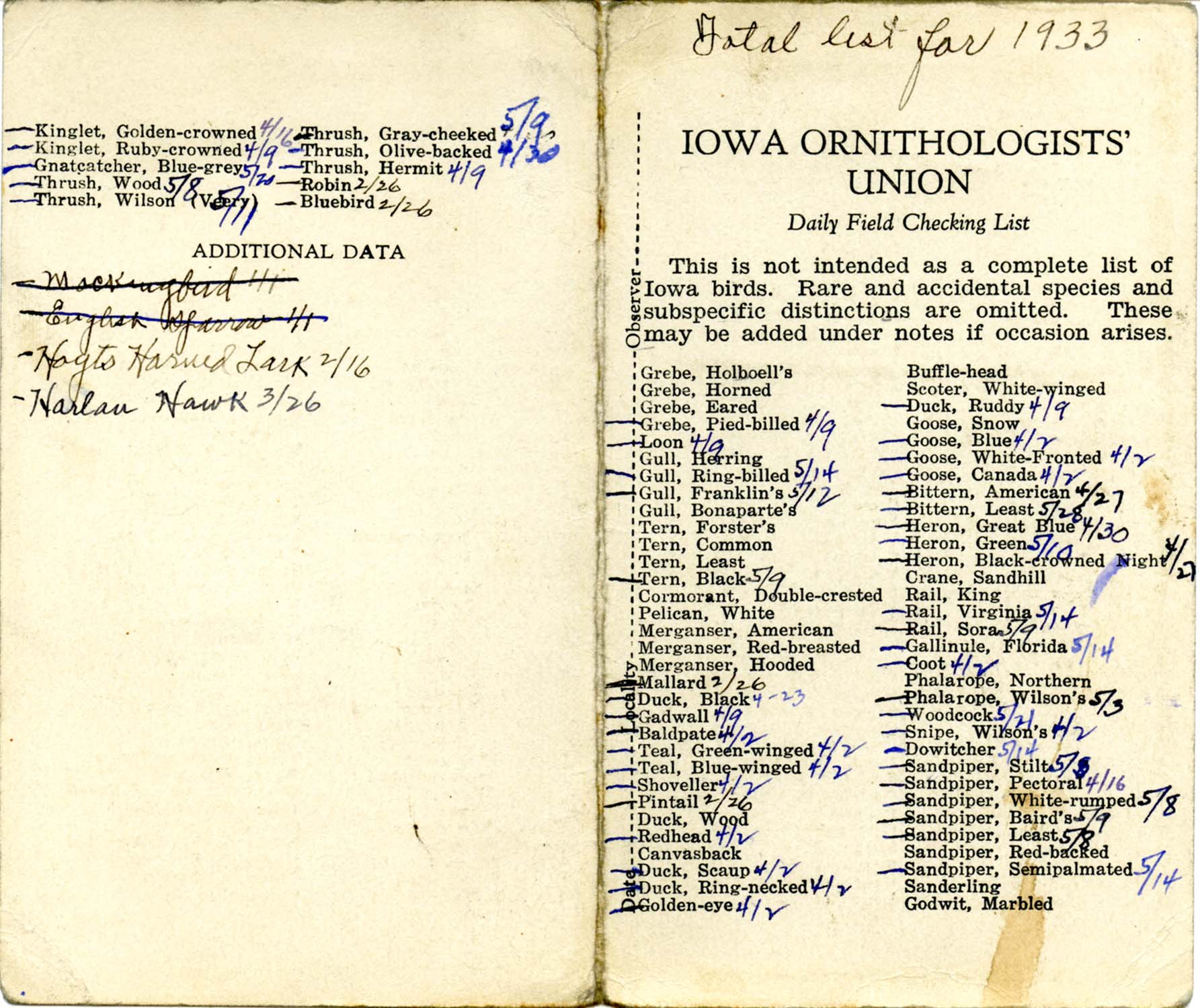 Daily field checking list, Walter Rosene, 1933