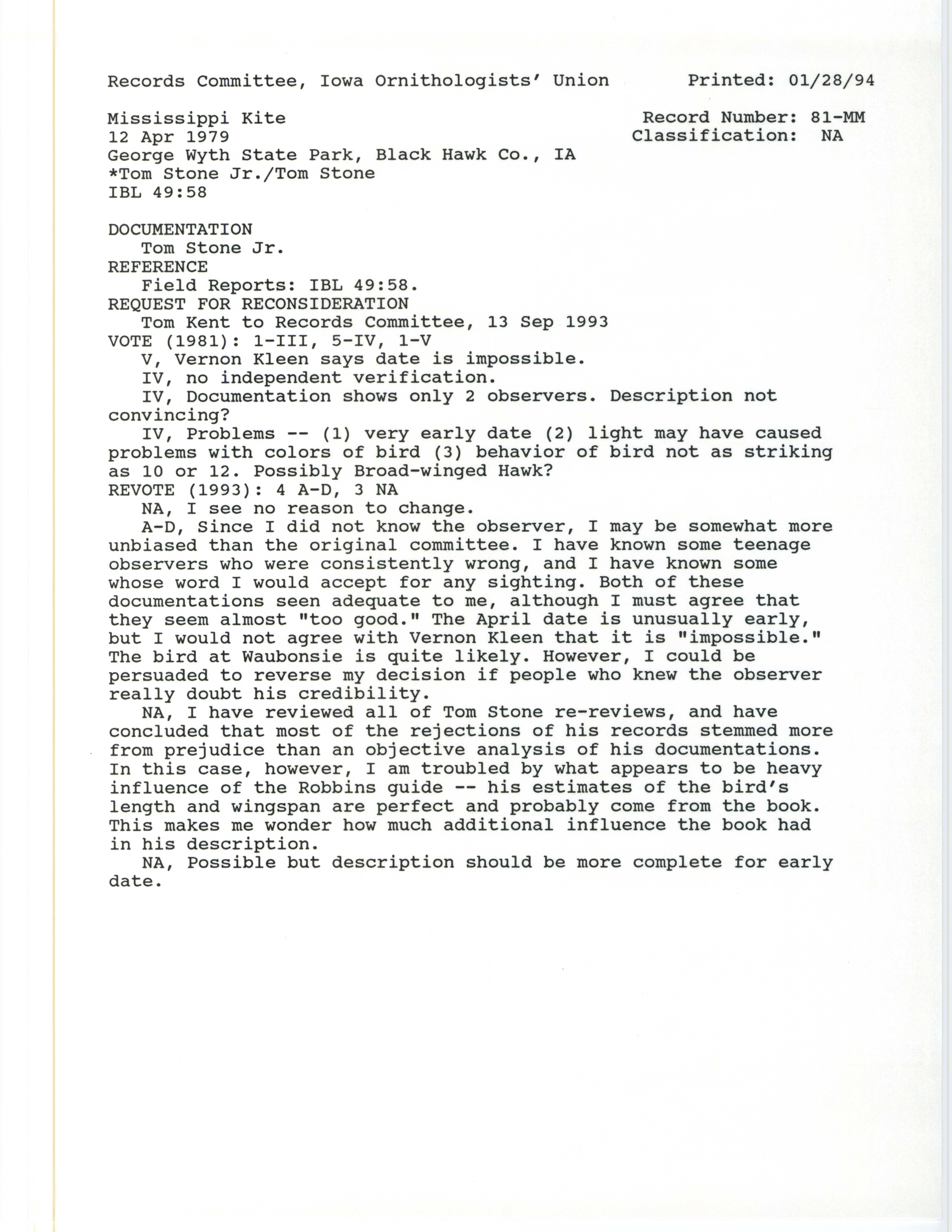 Records Committee review for rare bird sighting of Mississippi Kite at George Wyth State Park, 1979