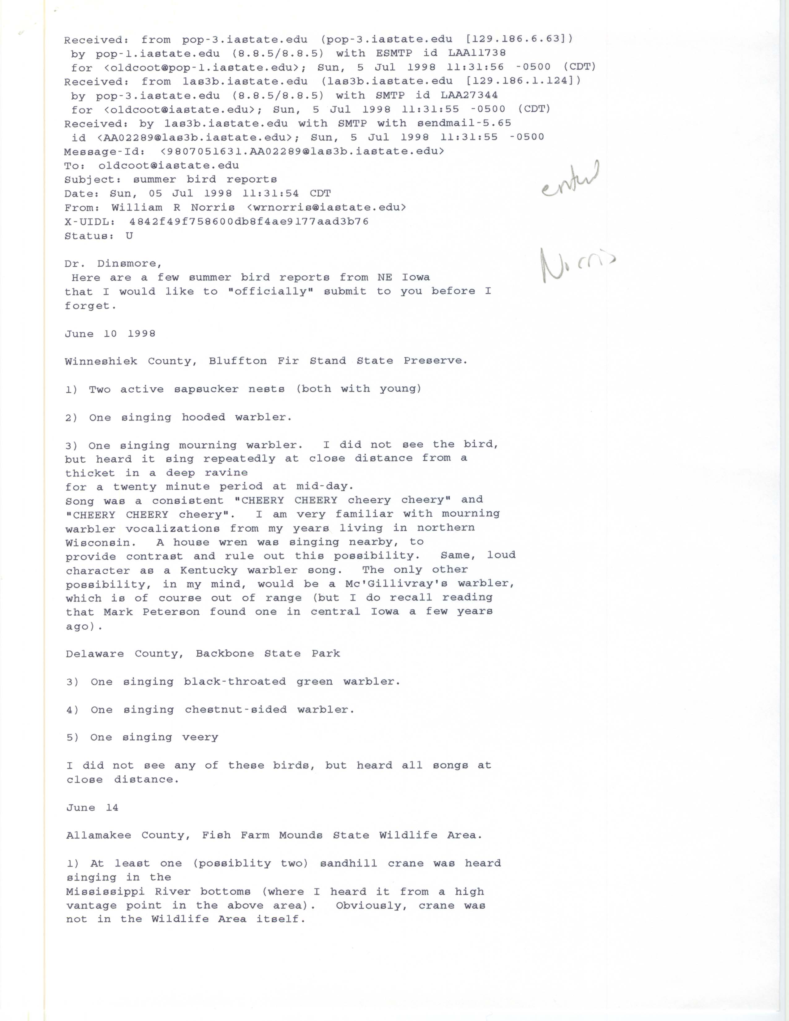 William Norris email to Jim Dinsmore regarding summer bird reports, July 5, 1998