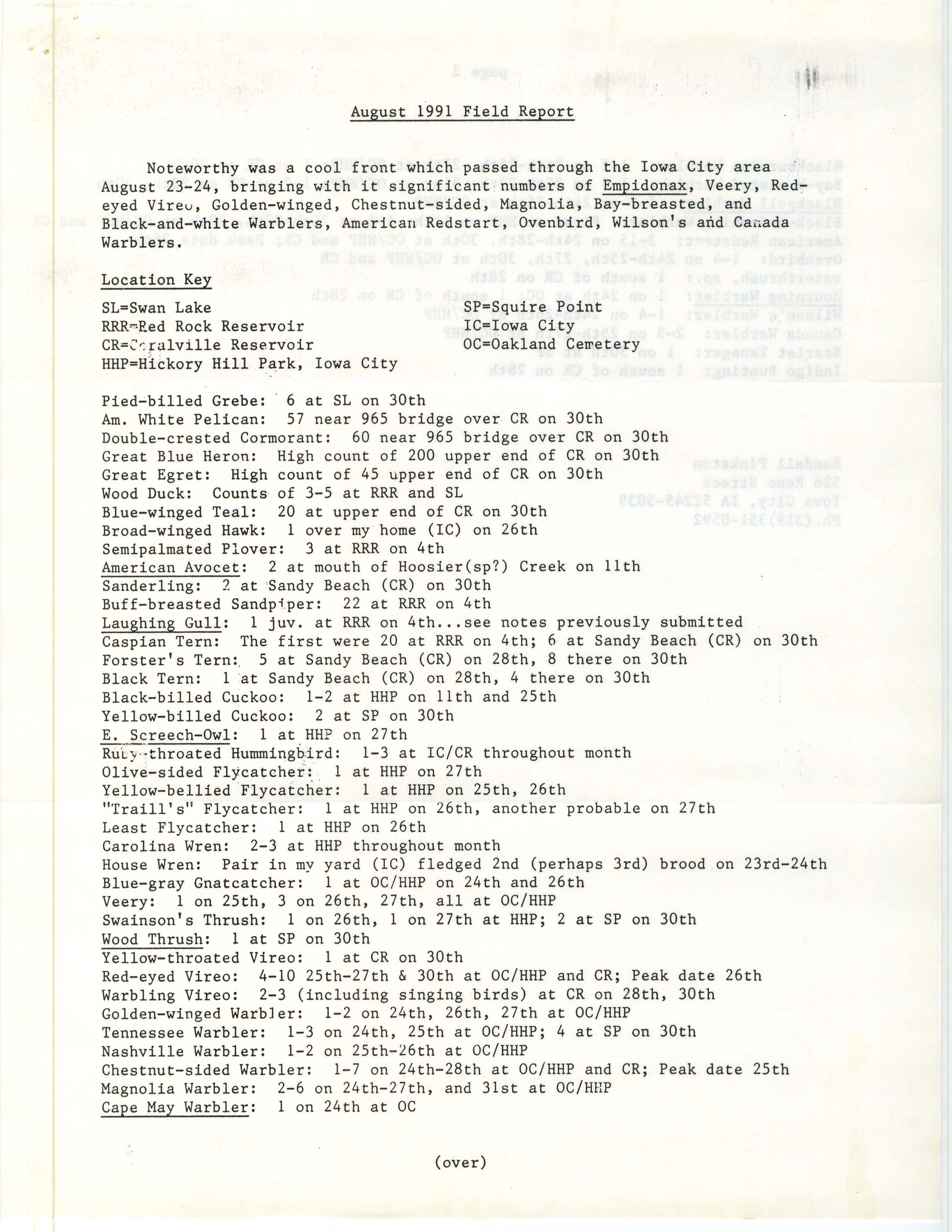 Field notes contributed by Randall Pinkston, fall 1991