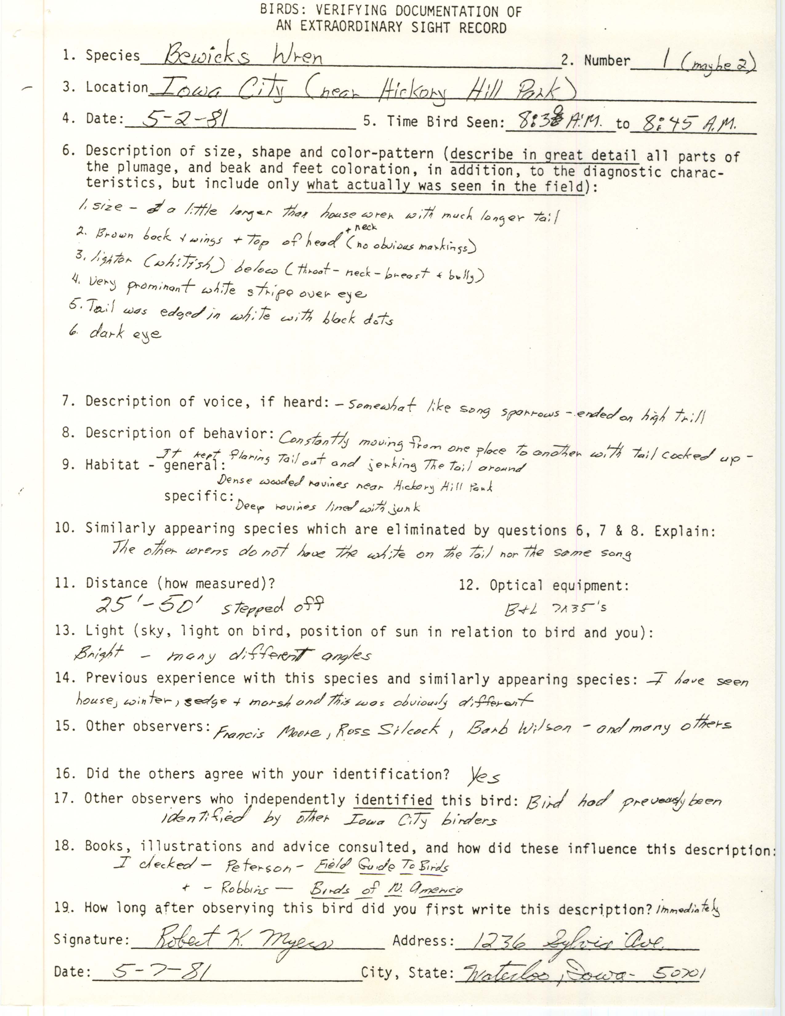 Rare bird documentation form for Bewick's Wren near Hickory Hill Park in Iowa City in 1981