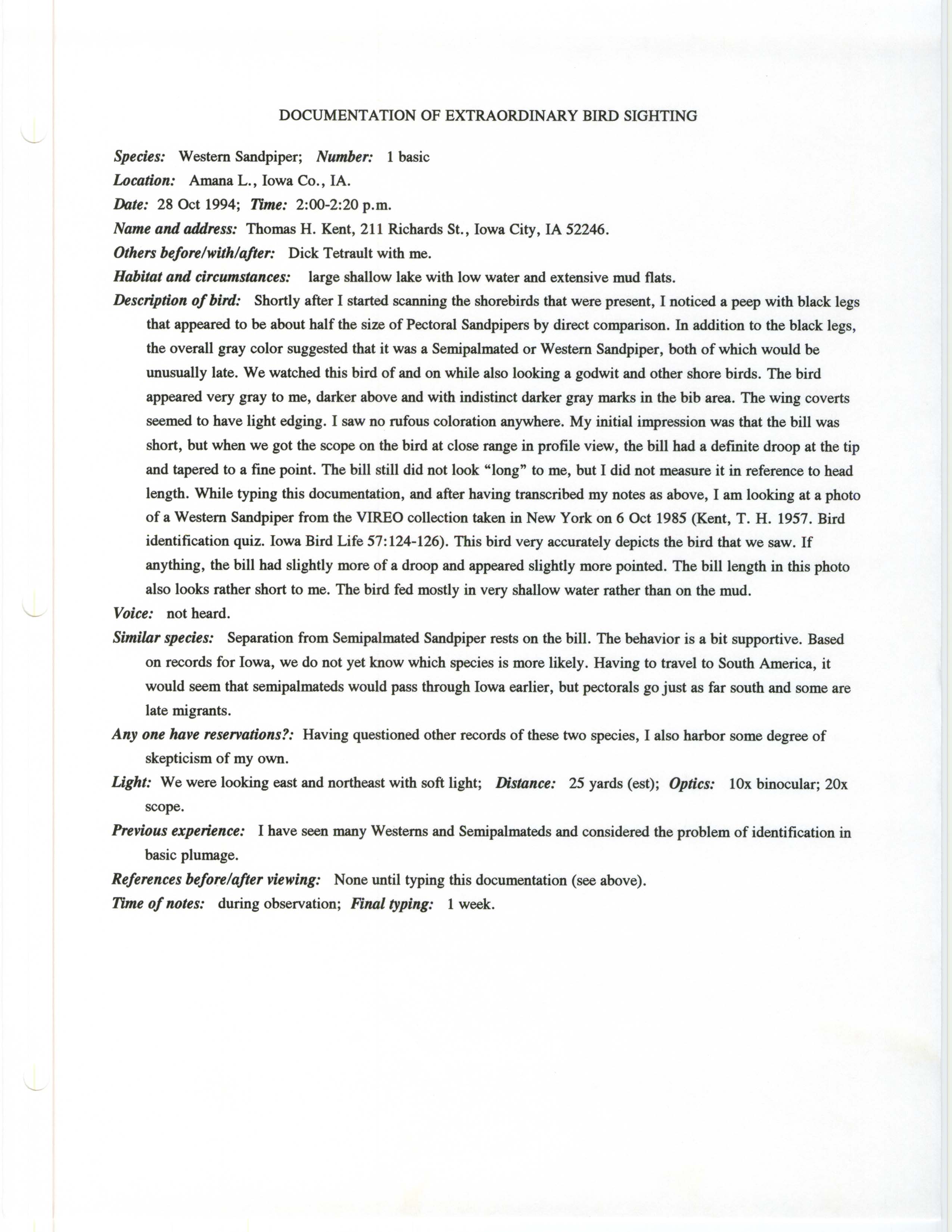 Rare bird documentation form for Western Sandpiper at Amana Lake, 1994