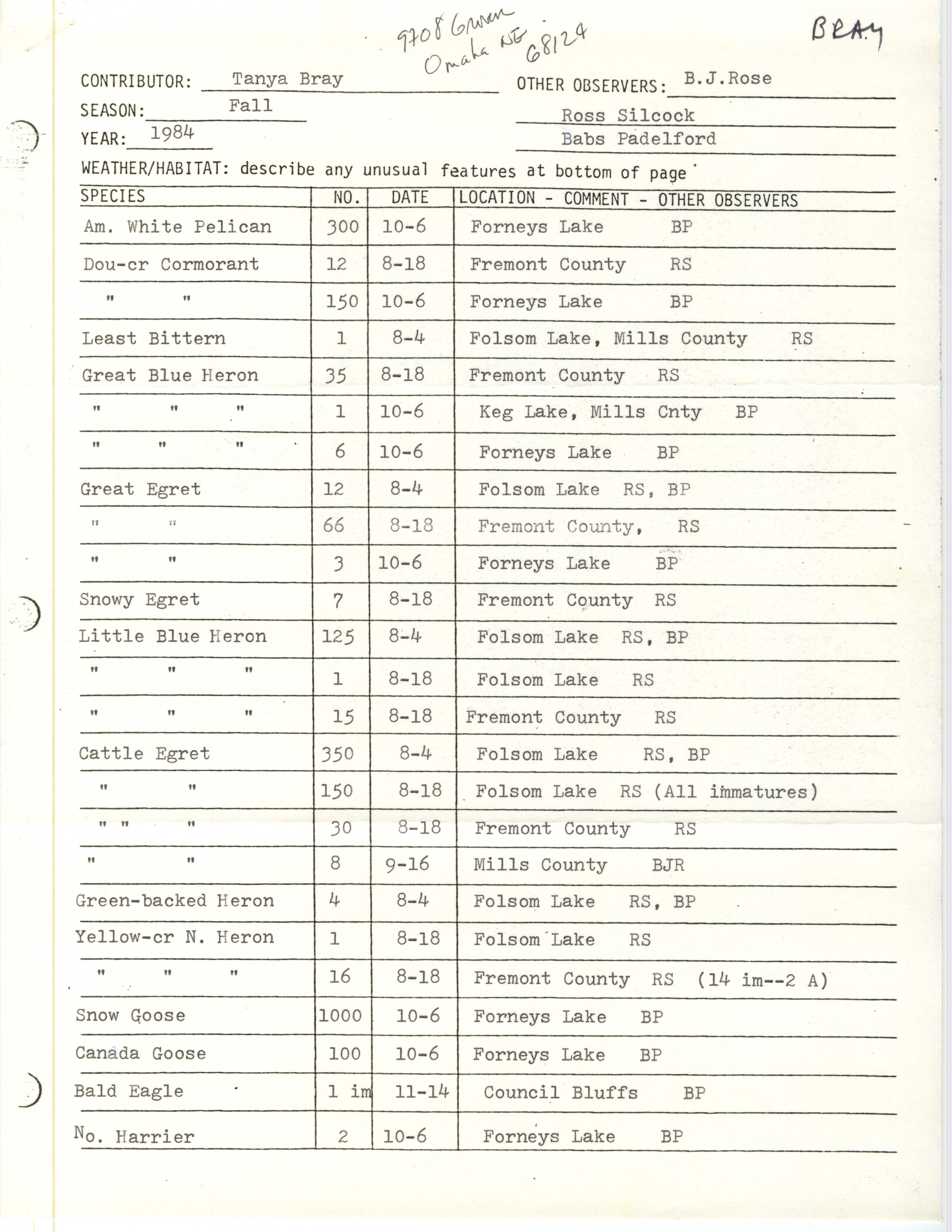 Field notes contributed by Tanya Bray, fall 1984