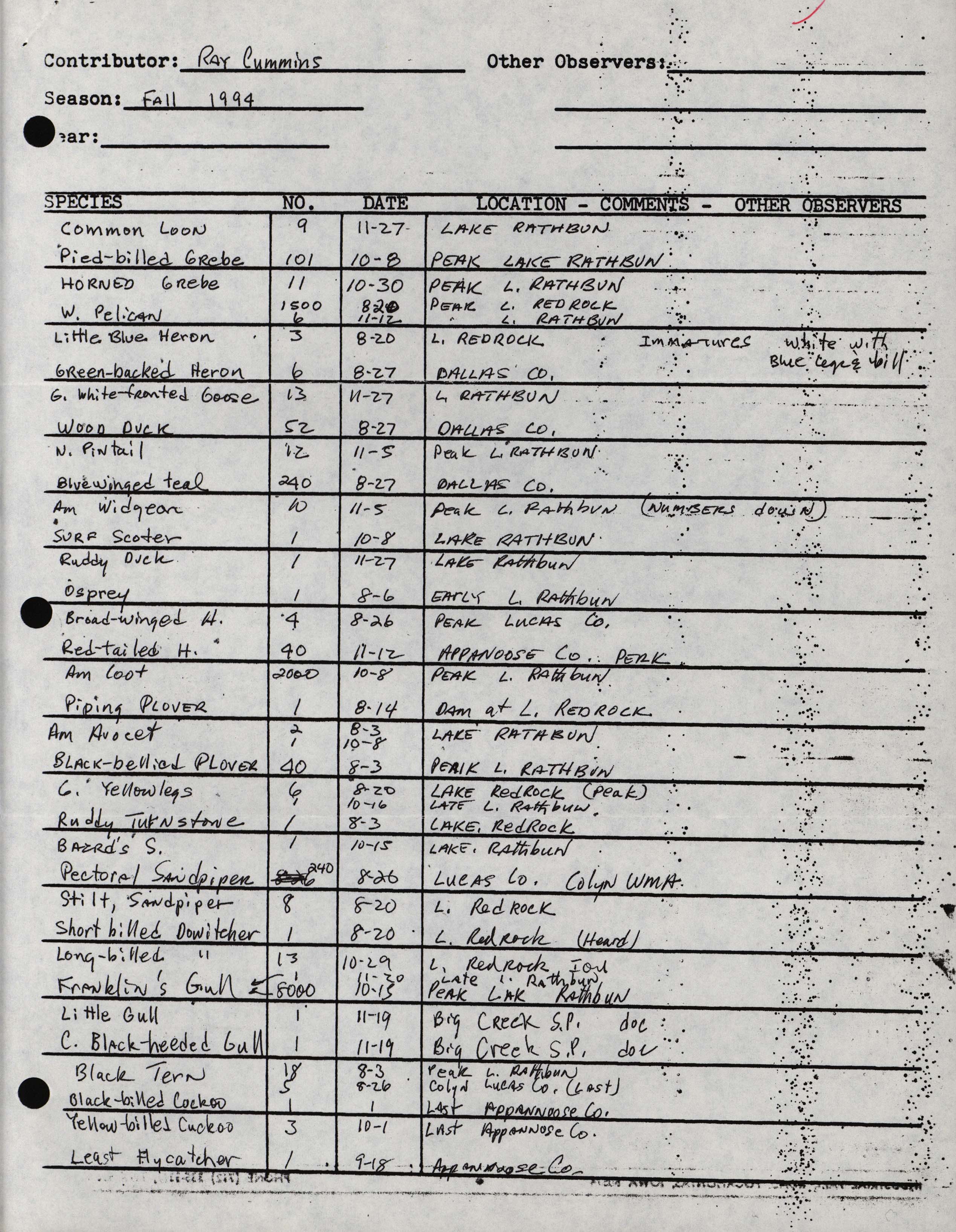 Annotated bird sighting list for fall 1994 compiled by Ray Cummins