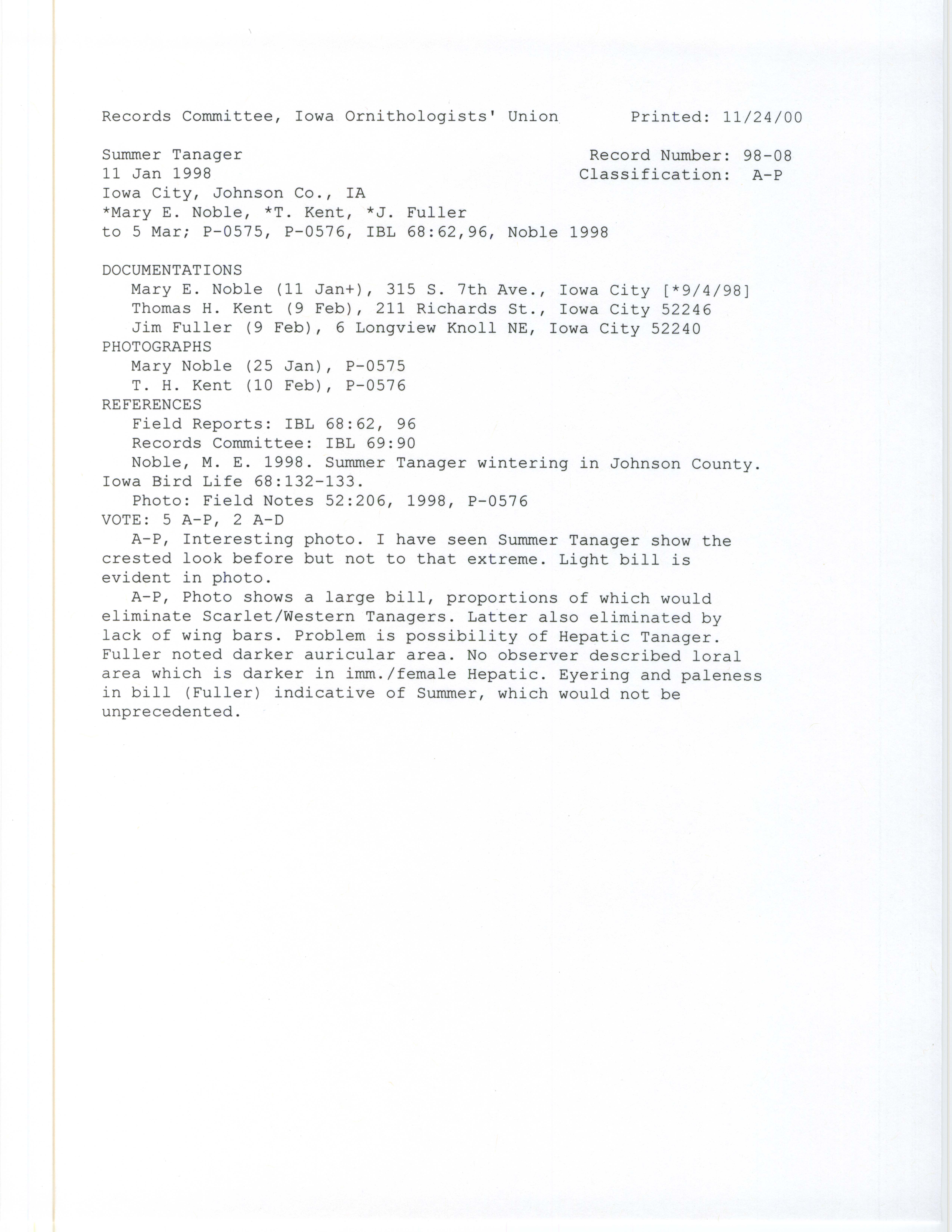 Records Committee review for rare bird sighting for Summer Tanager at Iowa City, 1998