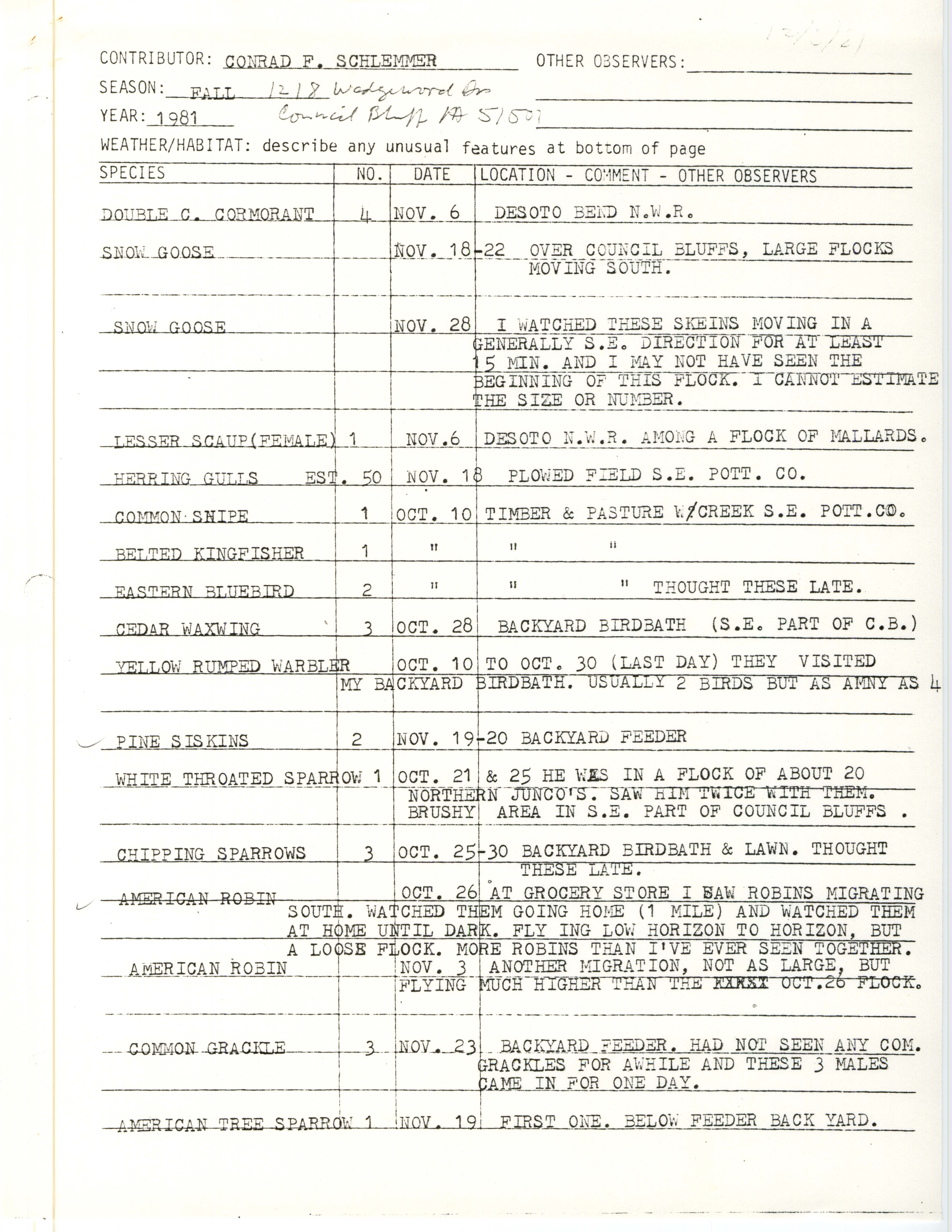 Field notes contributed by Conrad F. Schlemmer, fall 1981