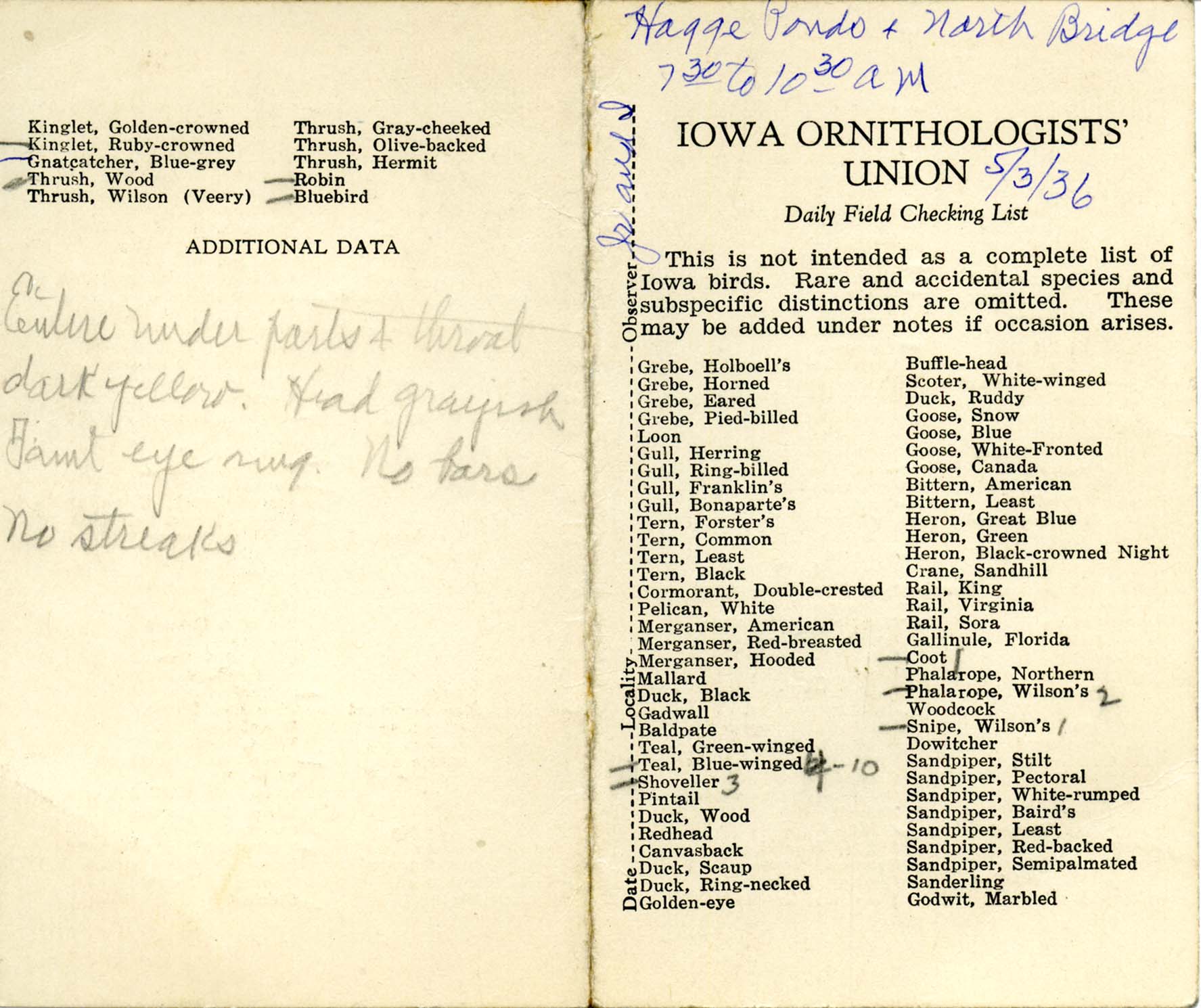 Daily field checking list by Walter Rosene, May 3, 1936