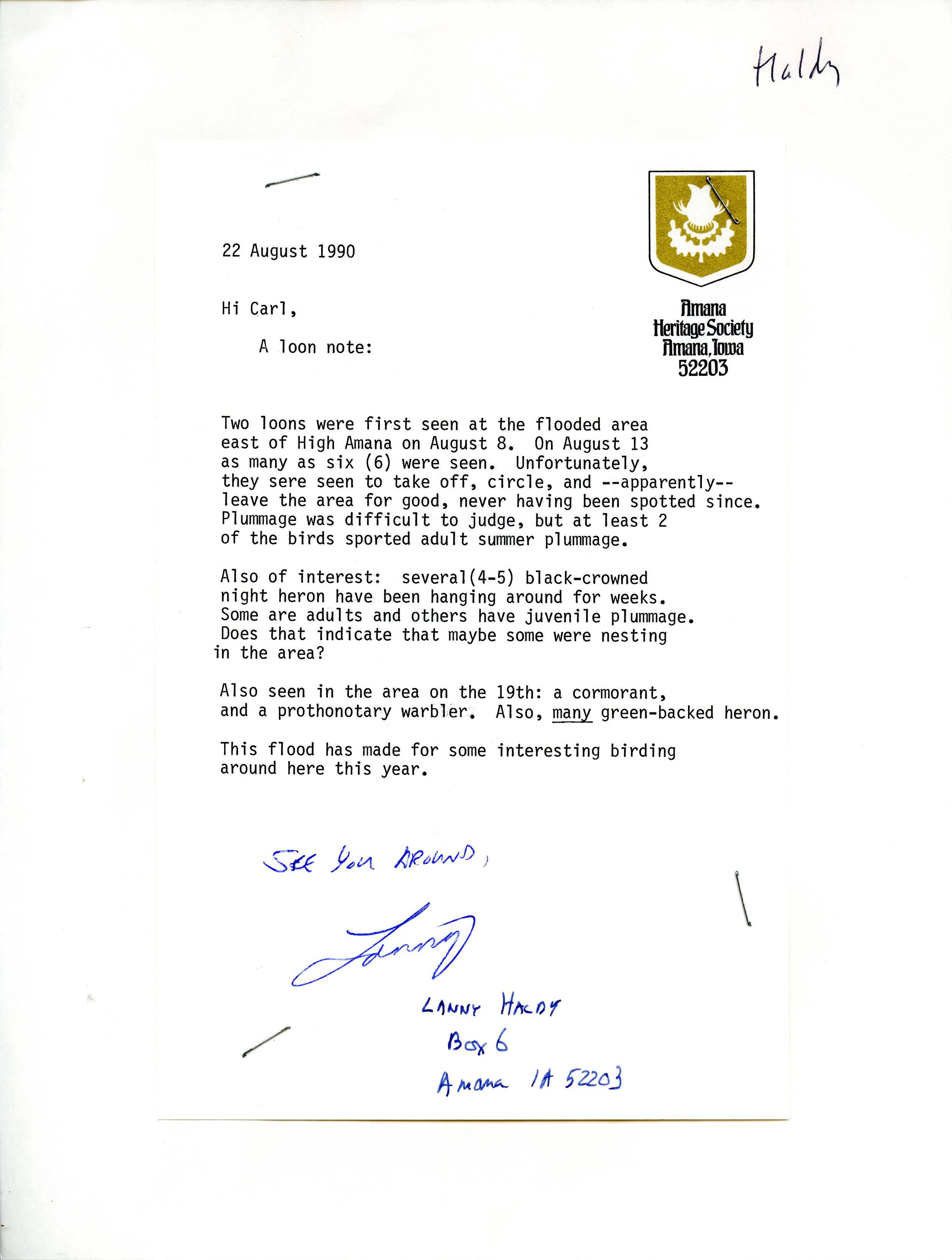 Lanny Haldy letter to Carl Bendorf regarding bird sightings for the Amana, IA area, August 22, 1990