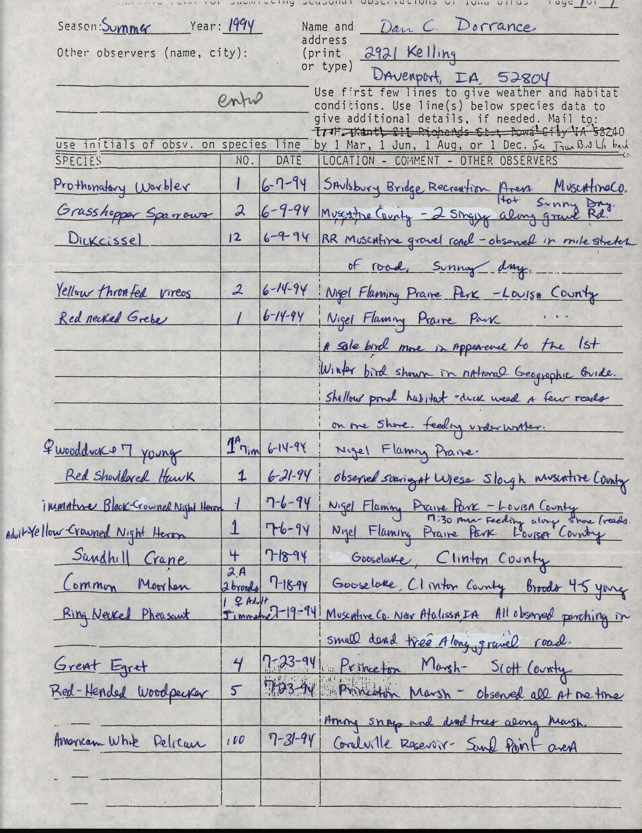 Field reports form for submitting seasonal observations of Iowa birds, Dan Dorrance, Summer 1994