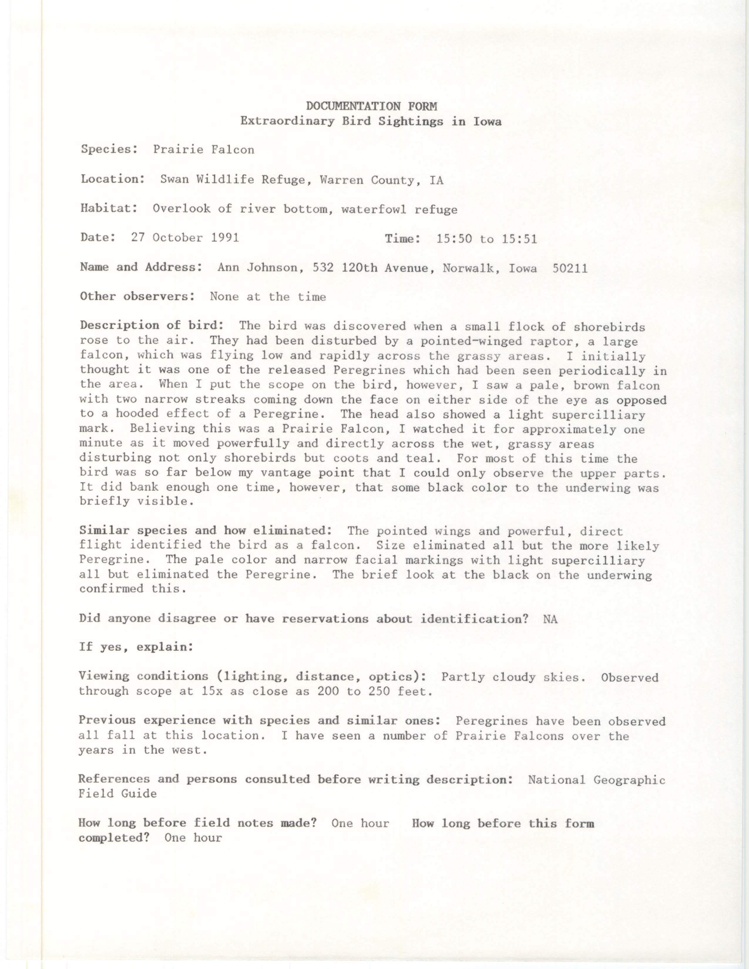 Rare bird documentation form for Prairie Falcon at Swan Wildlife Refuge, 1991