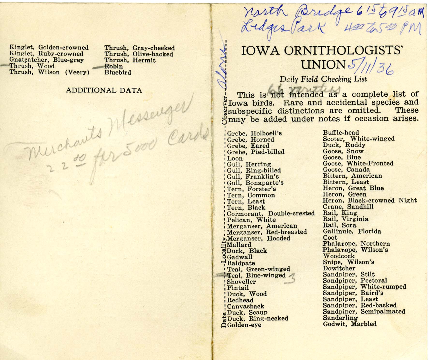 Daily field checking list by Walter Rosene, May 11, 1936