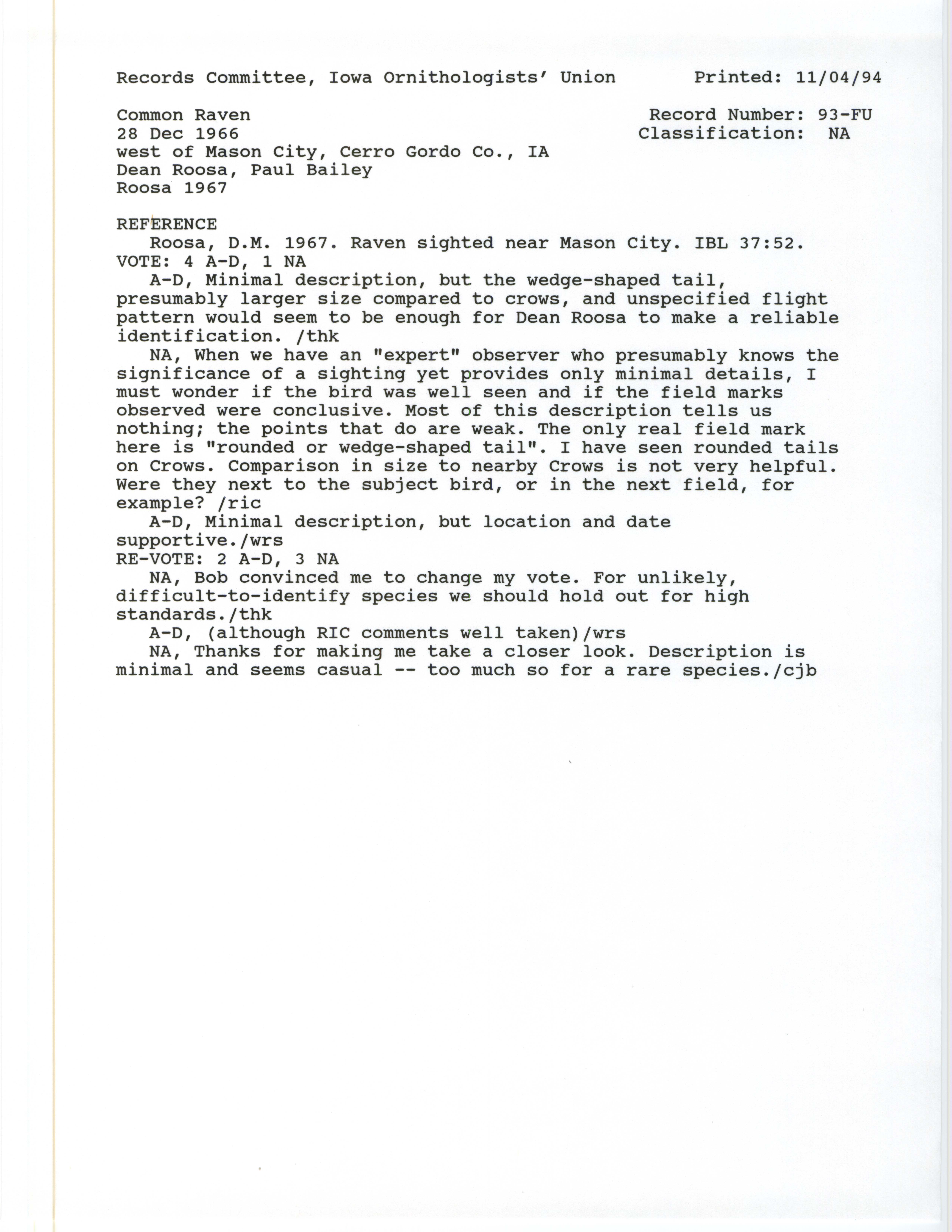 Records Committee review for rare bird sighting of Common Raven west of Mason City, 1966