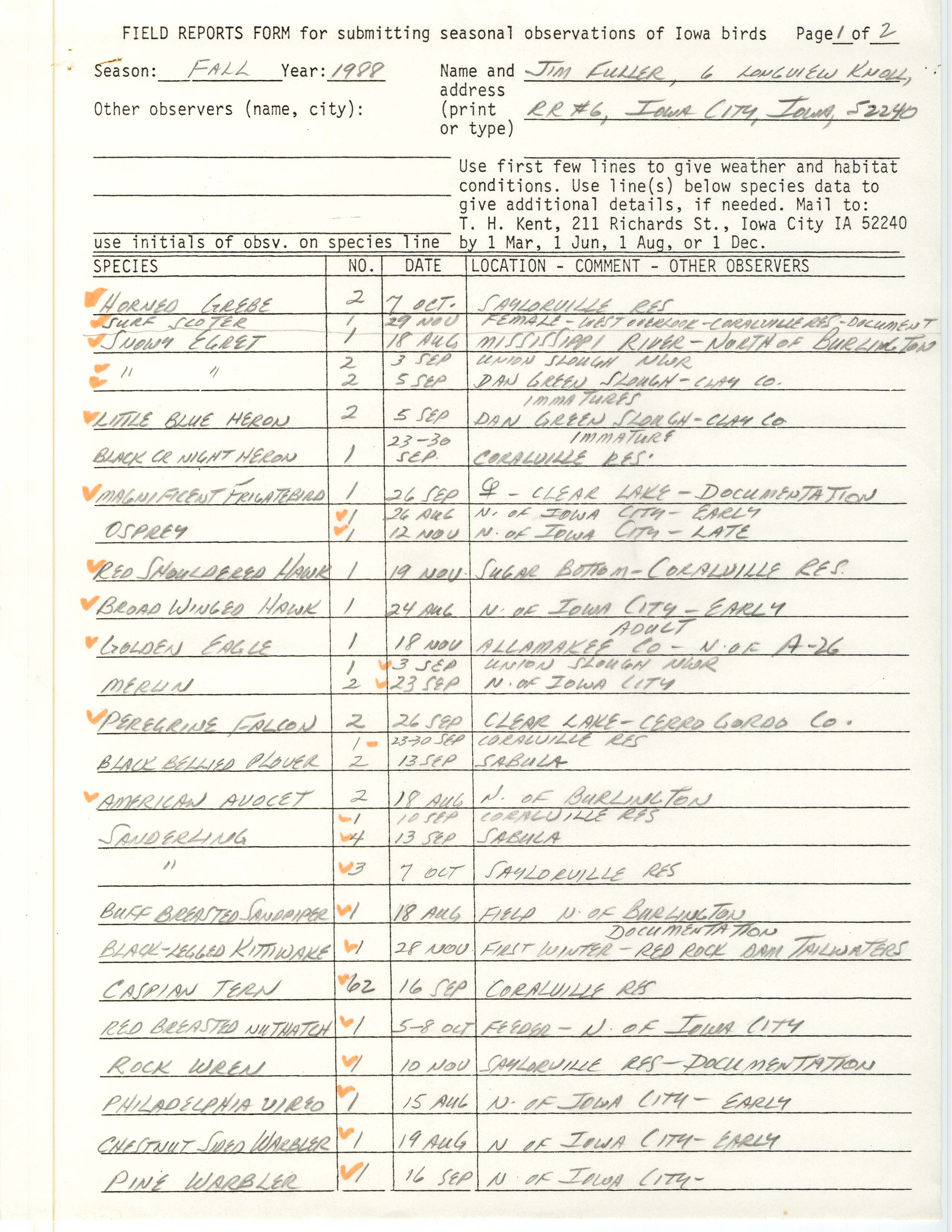 Field reports form for submitting seasonal observations of Iowa birds, James L. Fuller, fall 1988