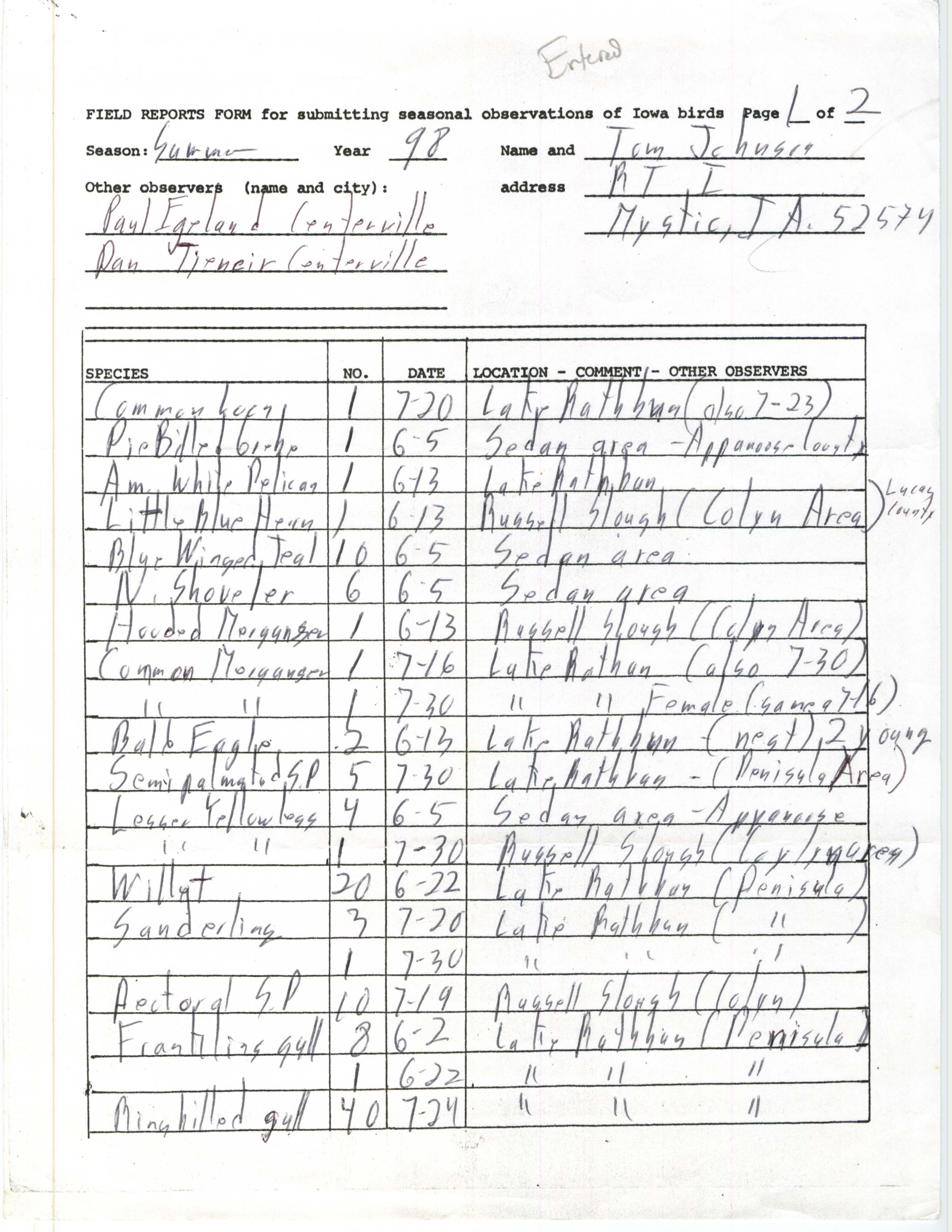 Field reports form for submitting seasonal observations of Iowa birds, Tom Johnson, summer 1998