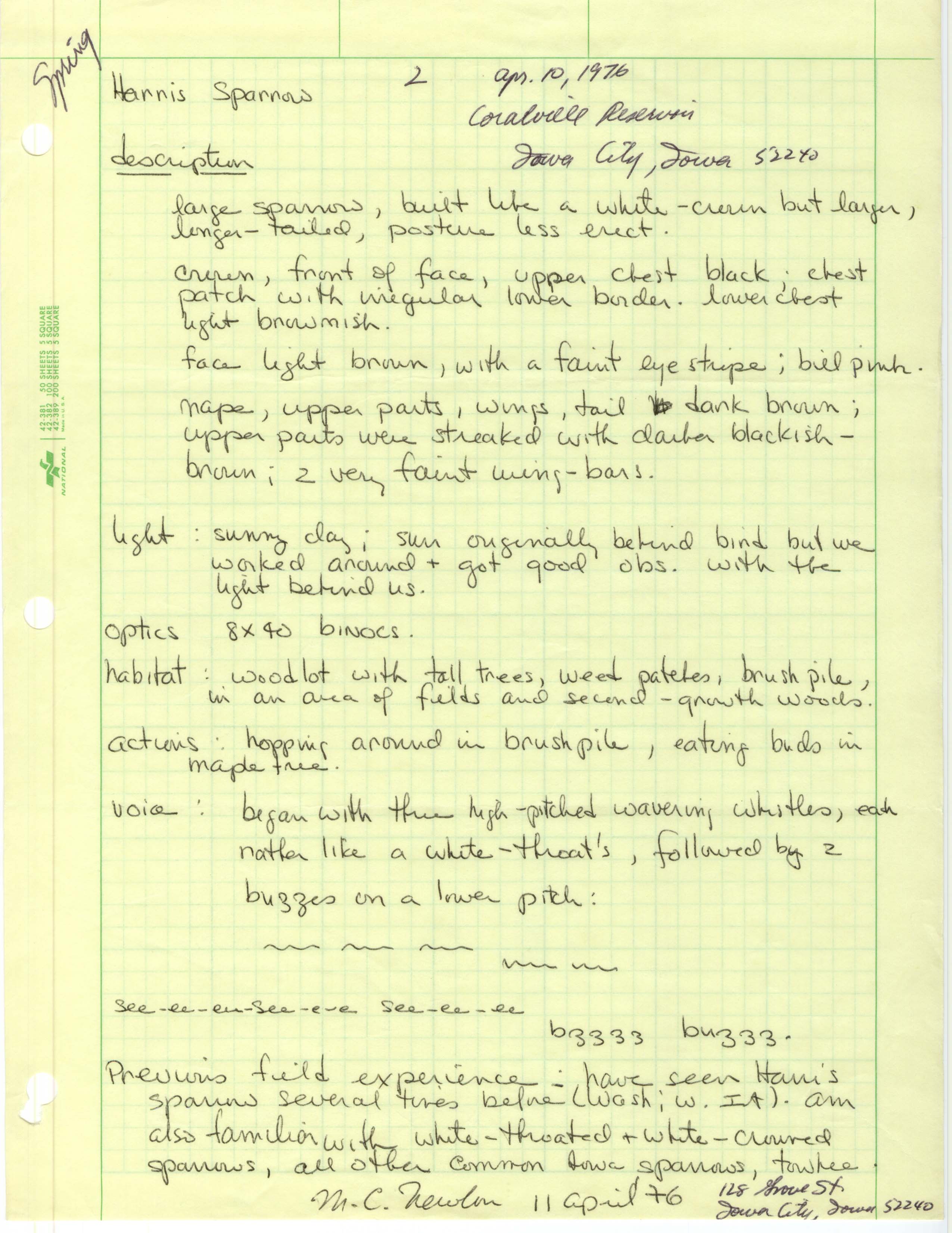 Rare bird documentation form for Harris' Sparrow at Coralville Reservoir, 1976