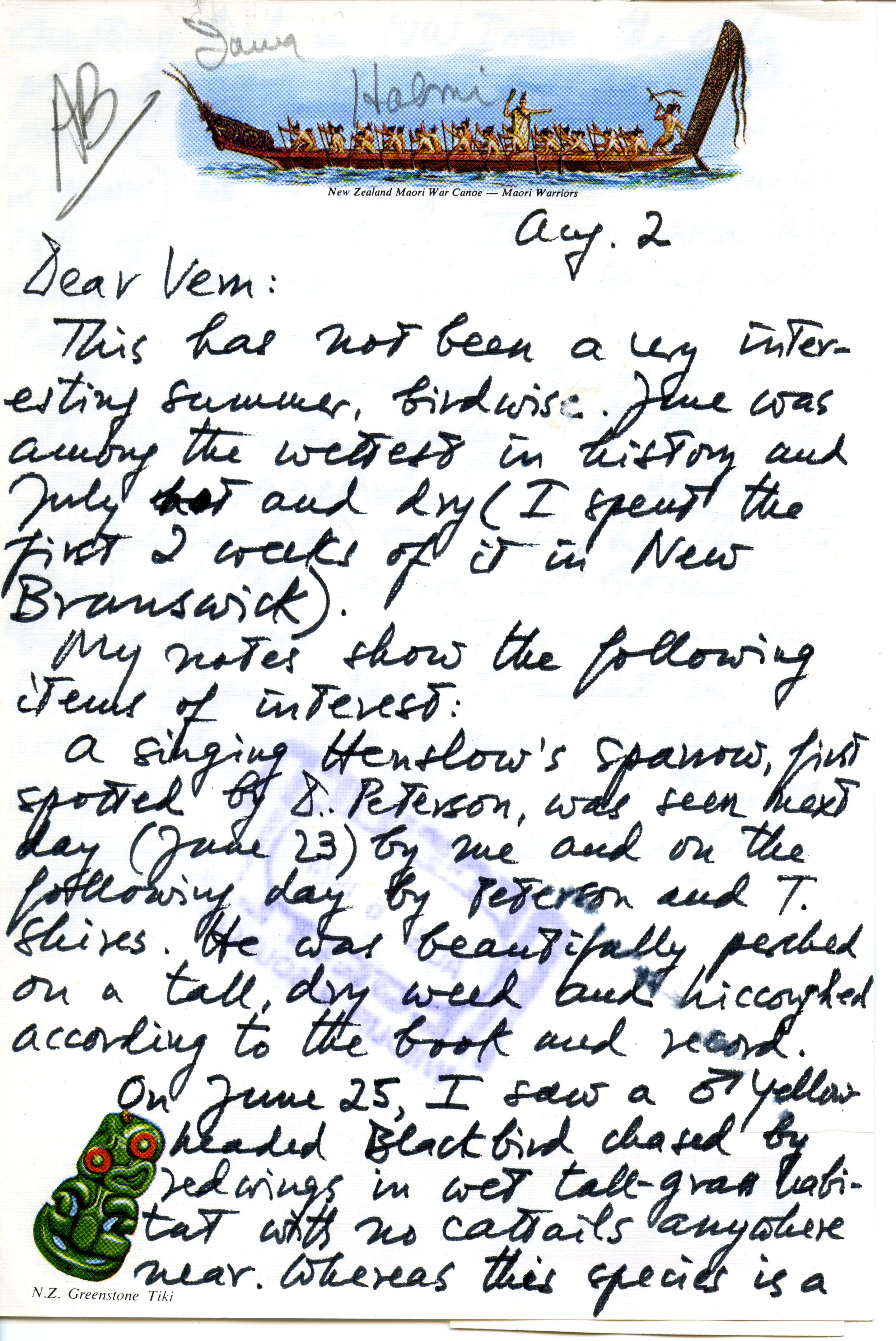 Nicholas S. Halmi letter to Vernon M. Kleen reporting summer sightings, August 2, 1974