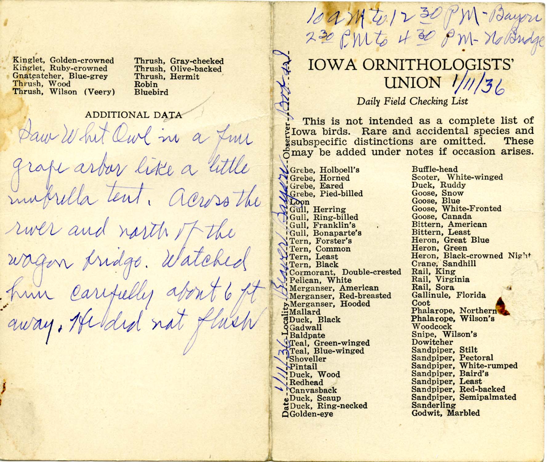 Daily field checking list by Walter Rosene, January 11, 1936