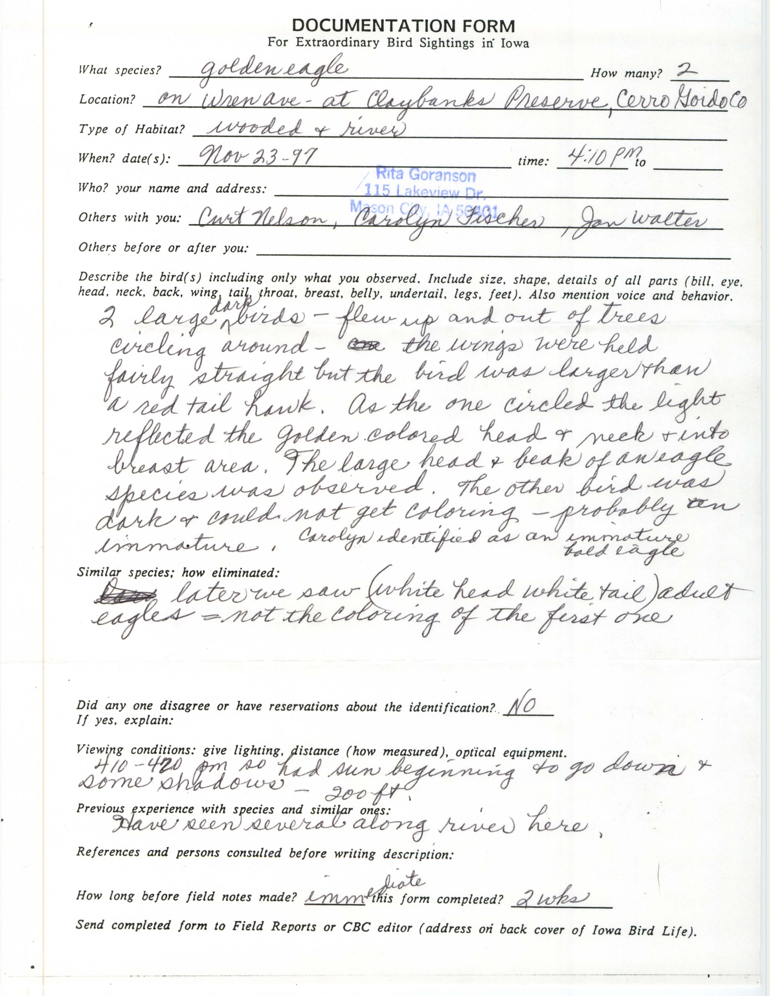 Rare bird documentation form for Golden Eagle at Claybanks Preserve, 1997