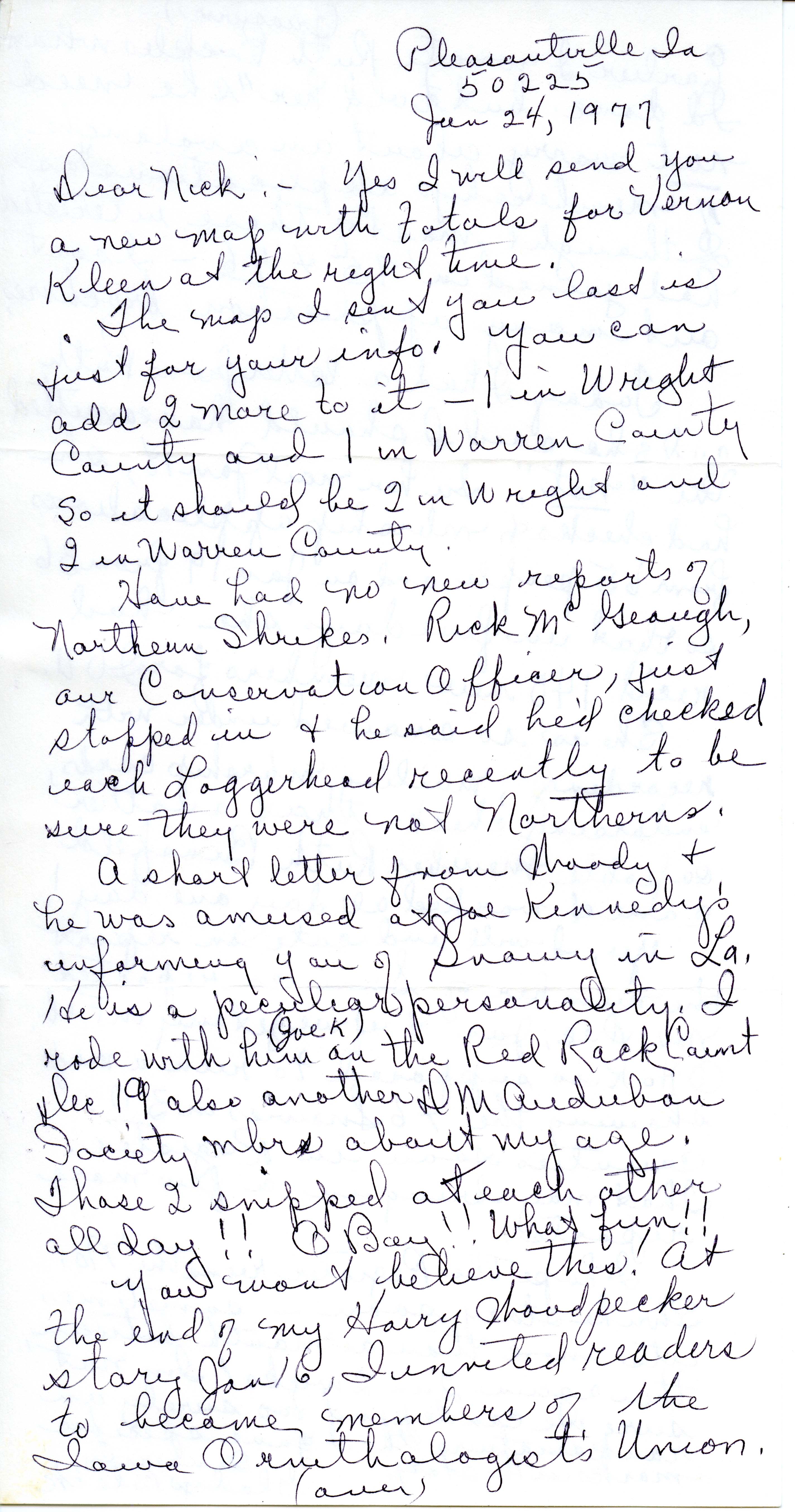 Gladys Black letter to Nicholas S. Halmi regarding Snowy Owl sightings and Iowa Ornithologists' Union membership, January 24, 1977
