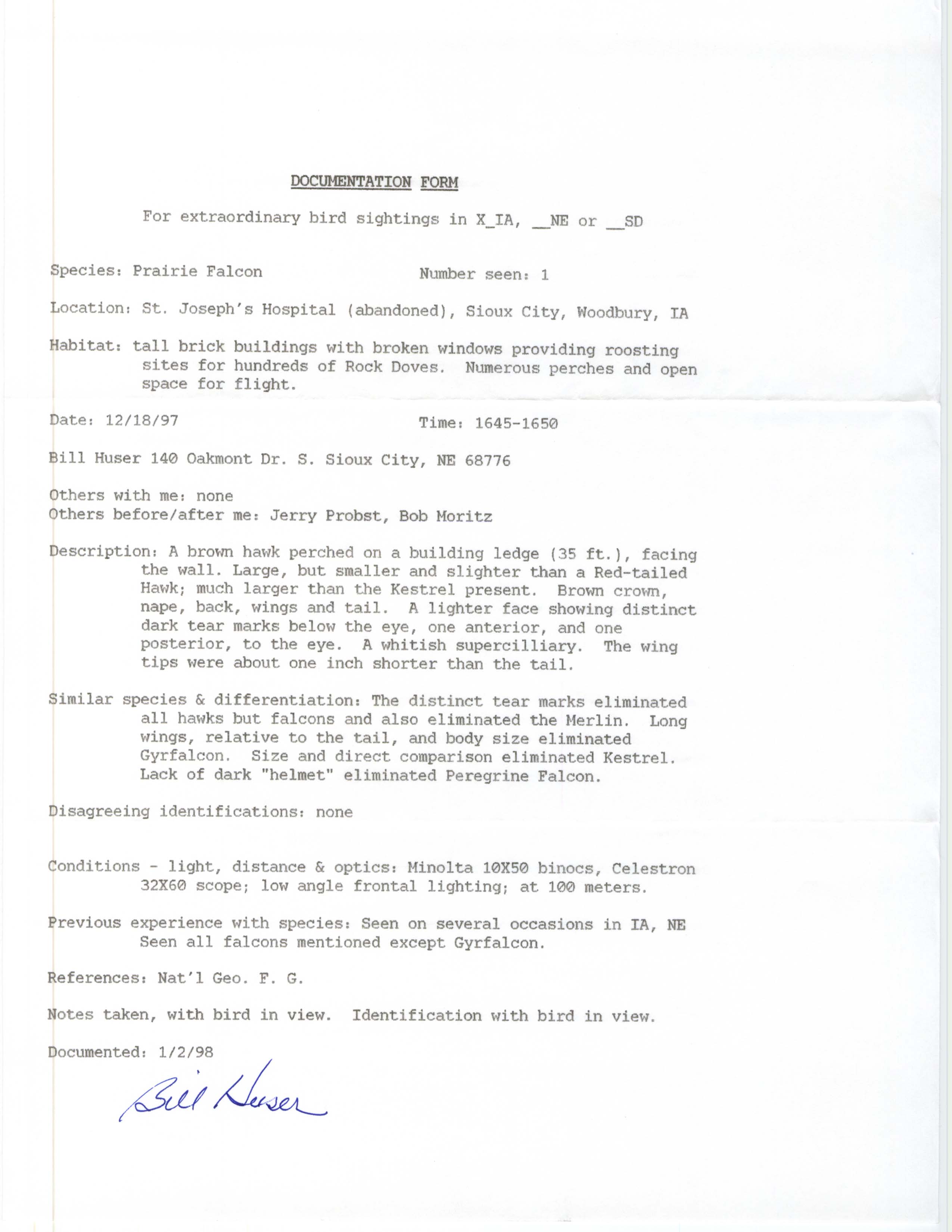Rare bird documentation form for Prairie Falcon at St. Joseph's Hospital (abandoned) in Sioux City, 1997