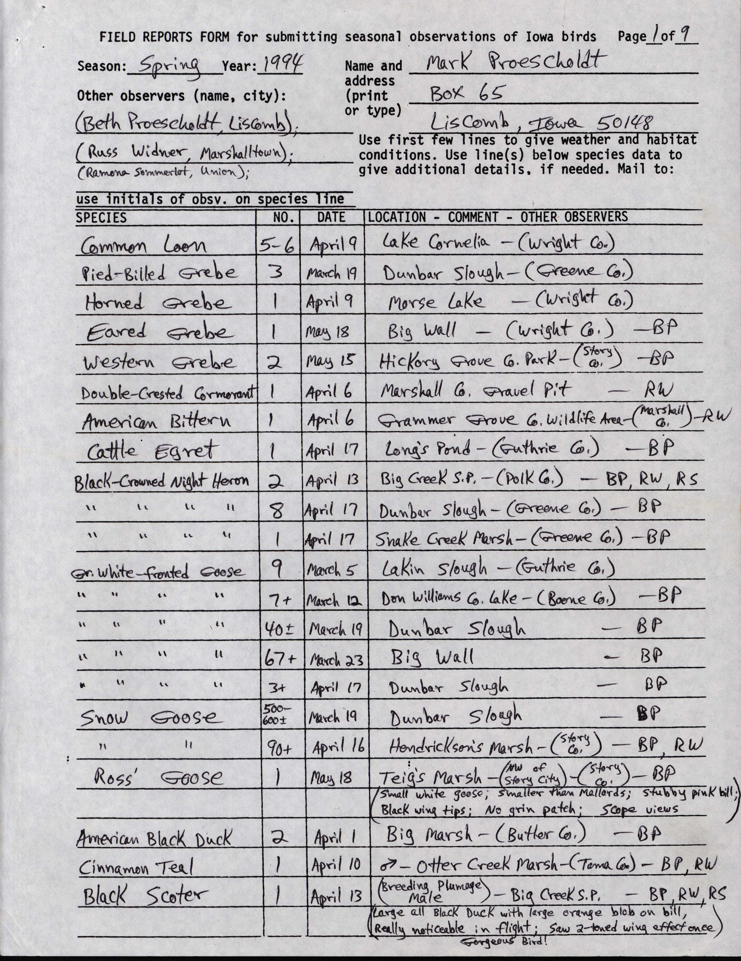 Field reports form for submitting seasonal observations of Iowa birds, Mark Proescholdt, Spring 1994