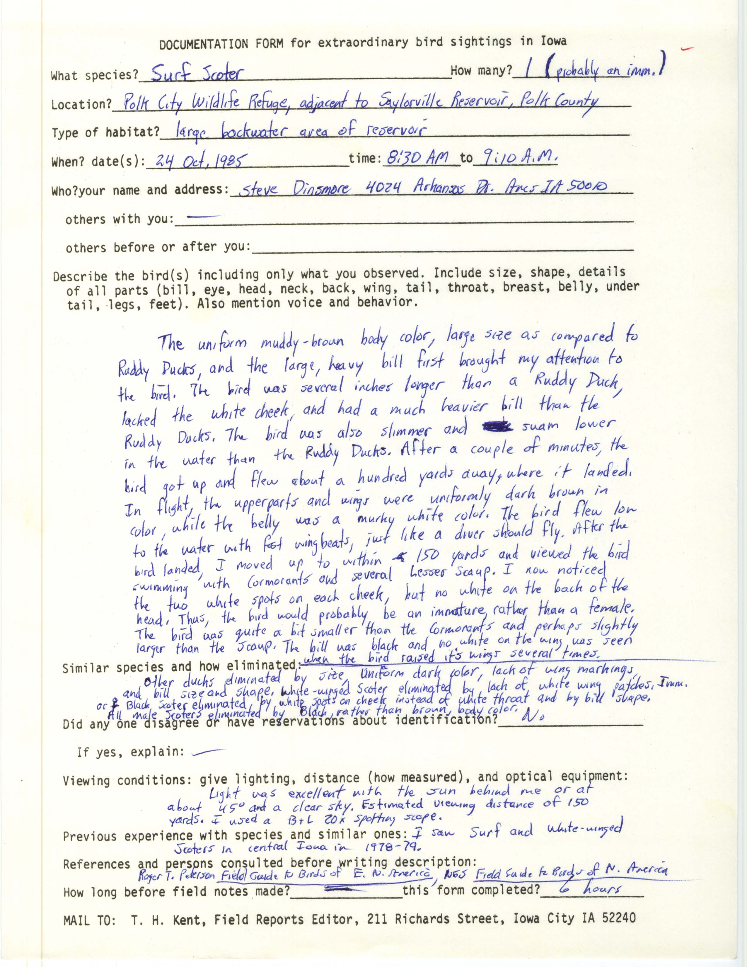Rare bird documentation form for Surf Scoter at Saylorville Reservoir, 1985