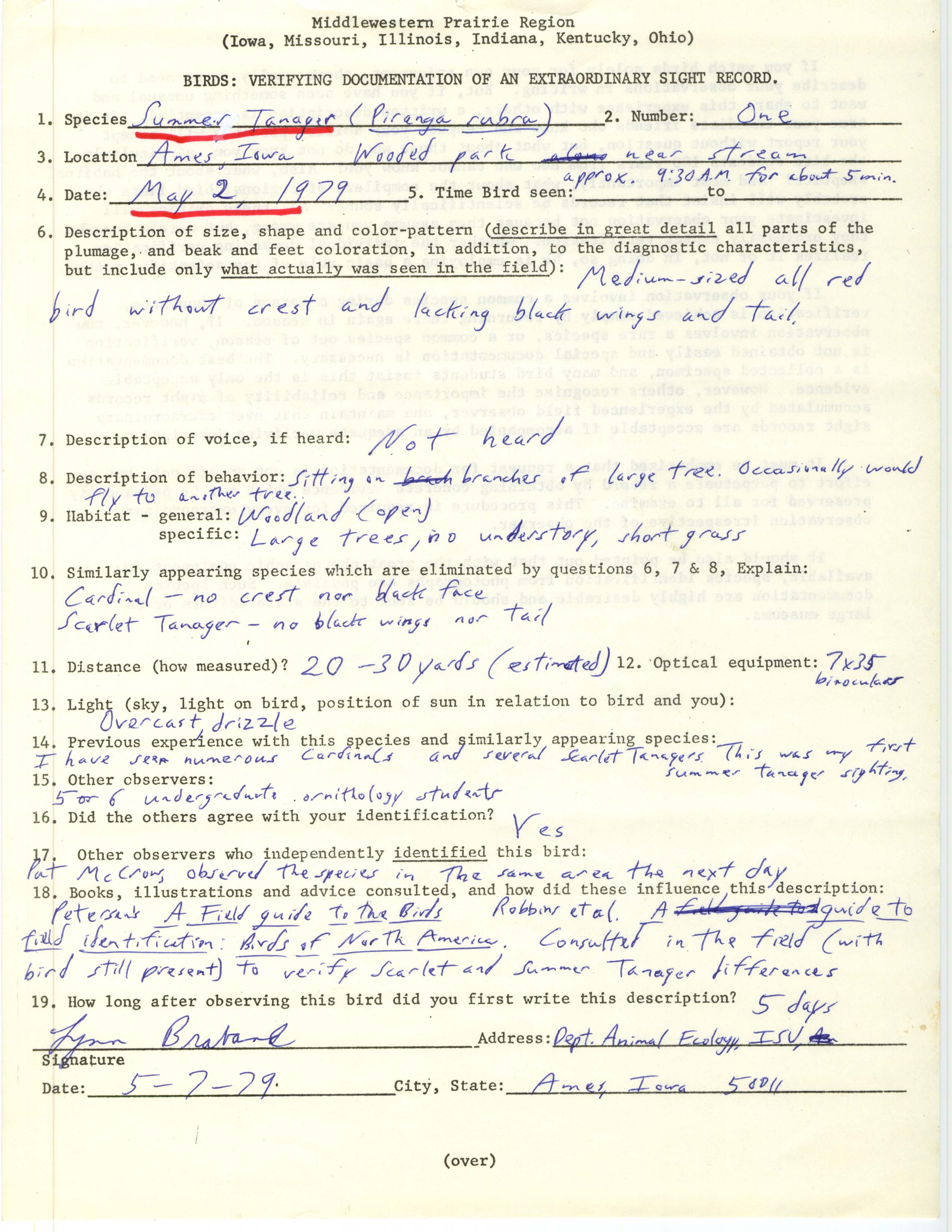 Rare bird documentation form for Summer Tanager at Ames, 1979