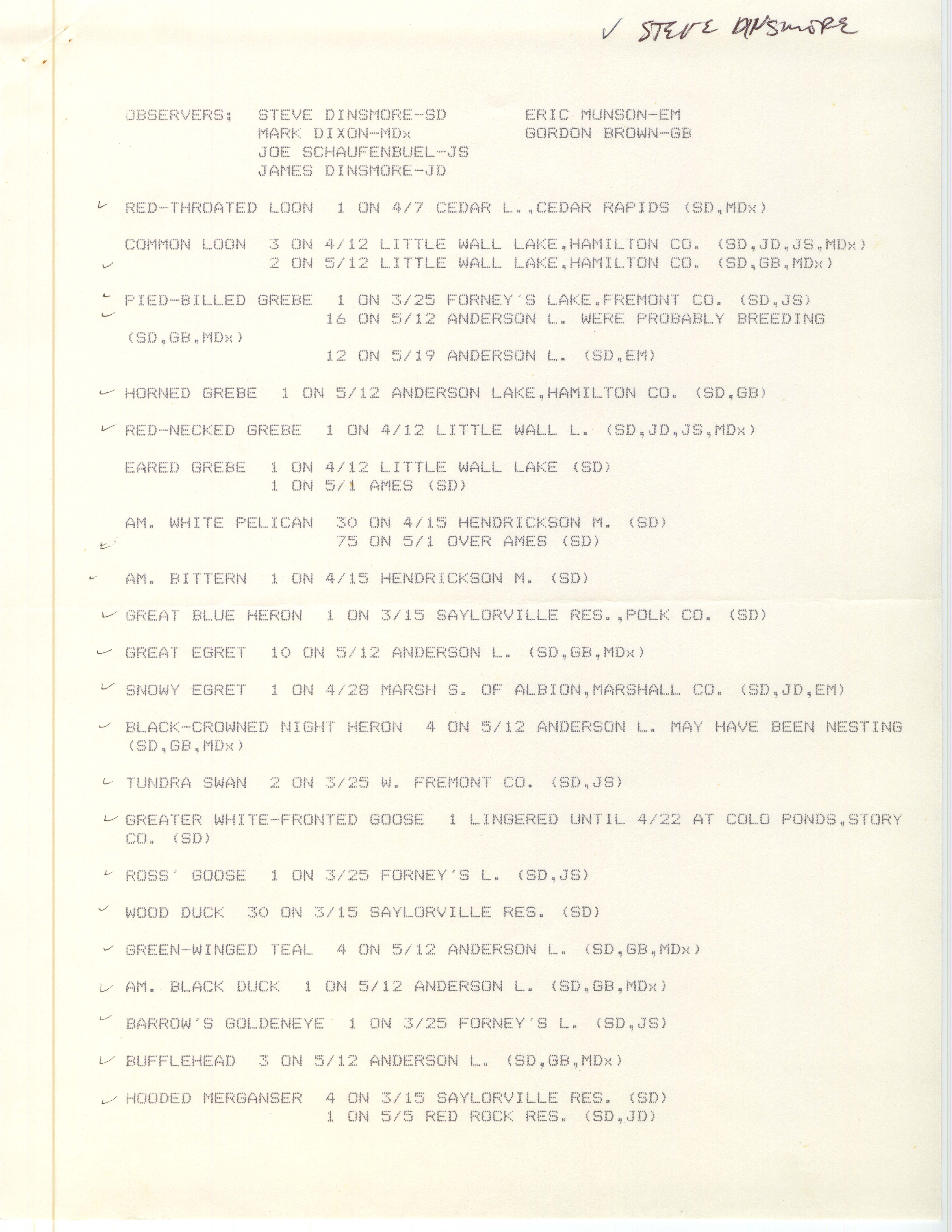 Field notes contributed by Stephen J. Dinsmore, spring 1984
