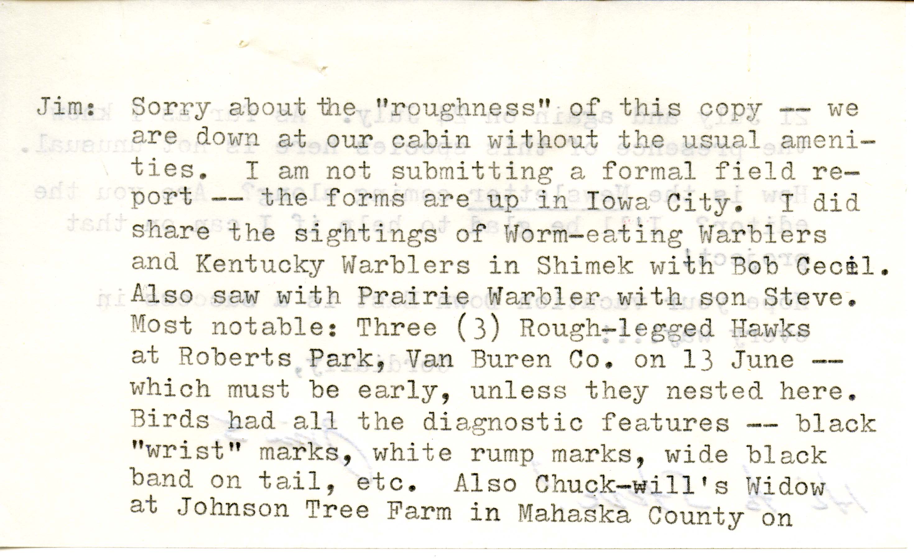 James P. Sandrock letter to James J. Dinsmore regarding bird sightings, summer 1985