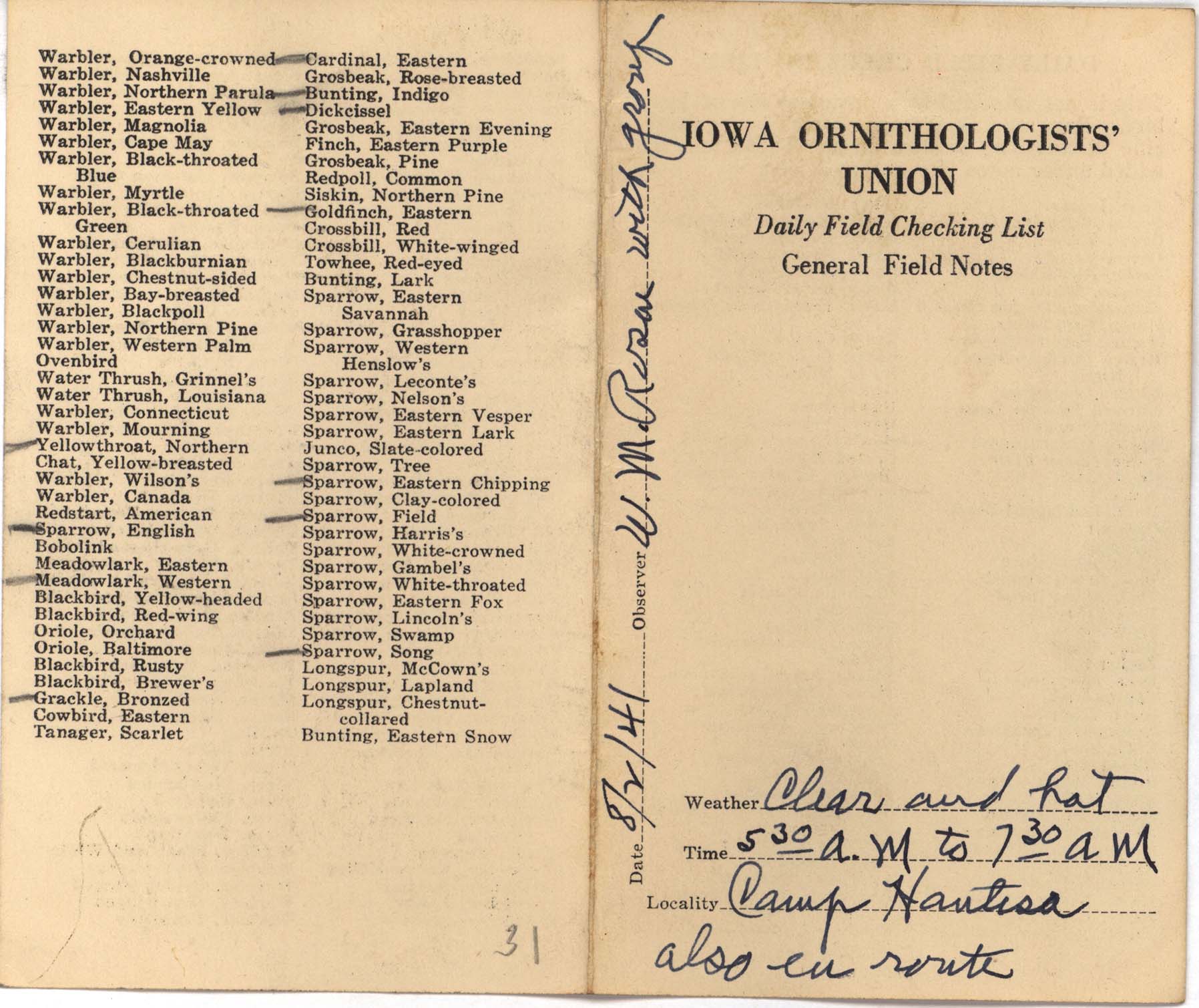 Daily field checking list by Walter Rosene, August 2, 1941